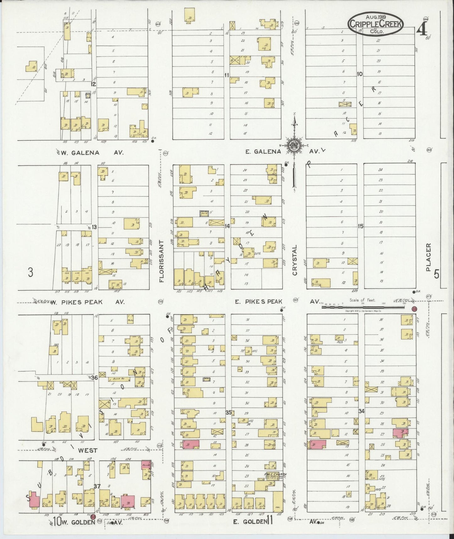 Sanborn Fire Insurance Map from Cripple Creek, Teller County, Colorado (1919), Sheet #0004 - Complete Map Set gallery image, historic Sanborn map, vintage wall art, Colorado Colorado