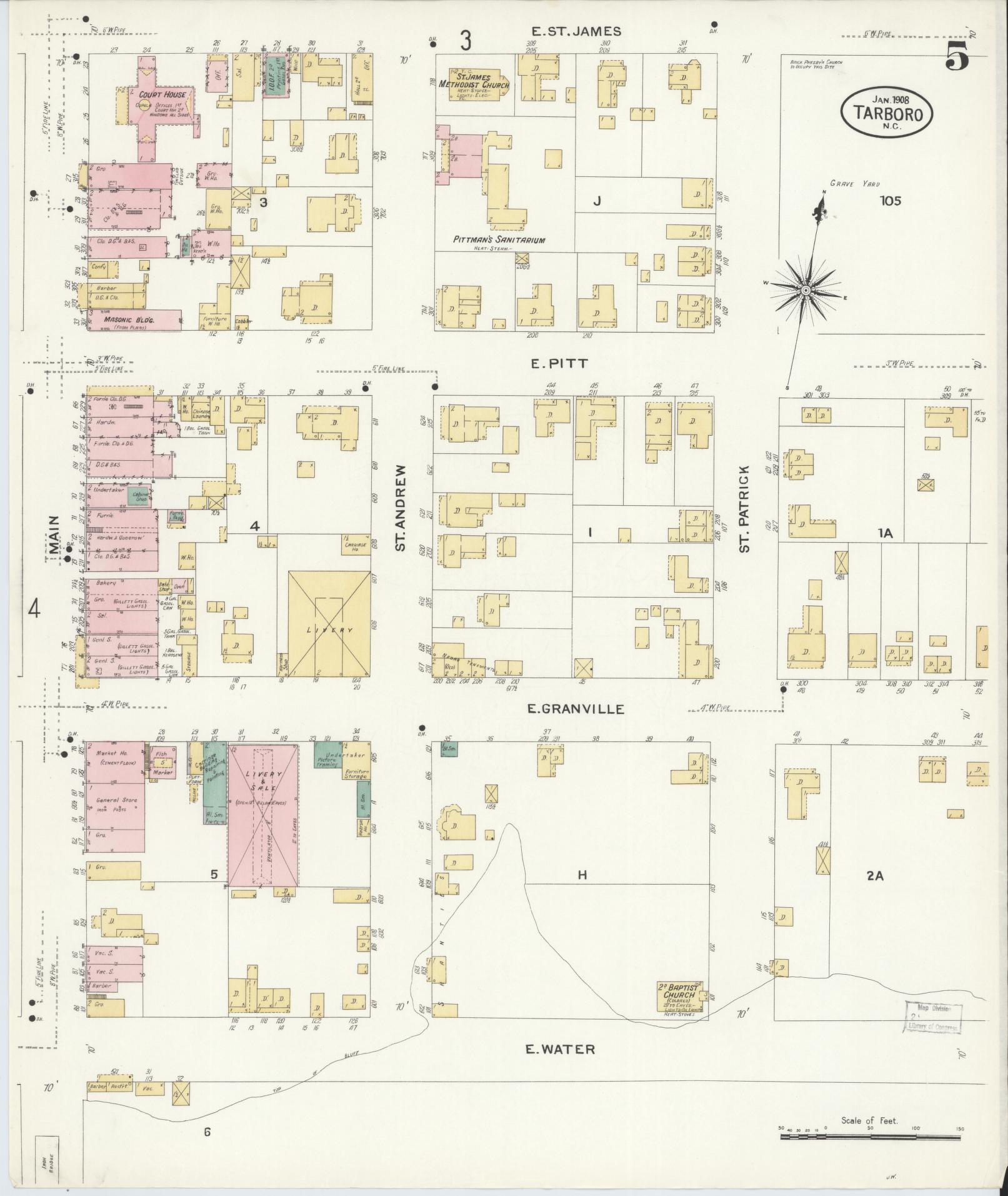 Sanborn Fire Insurance Map from Tarboro, Edgecombe County, North Carolina (1908), Sheet #0005 - Complete Map Set gallery image, historic Sanborn map, vintage wall art, North Carolina North Carolina