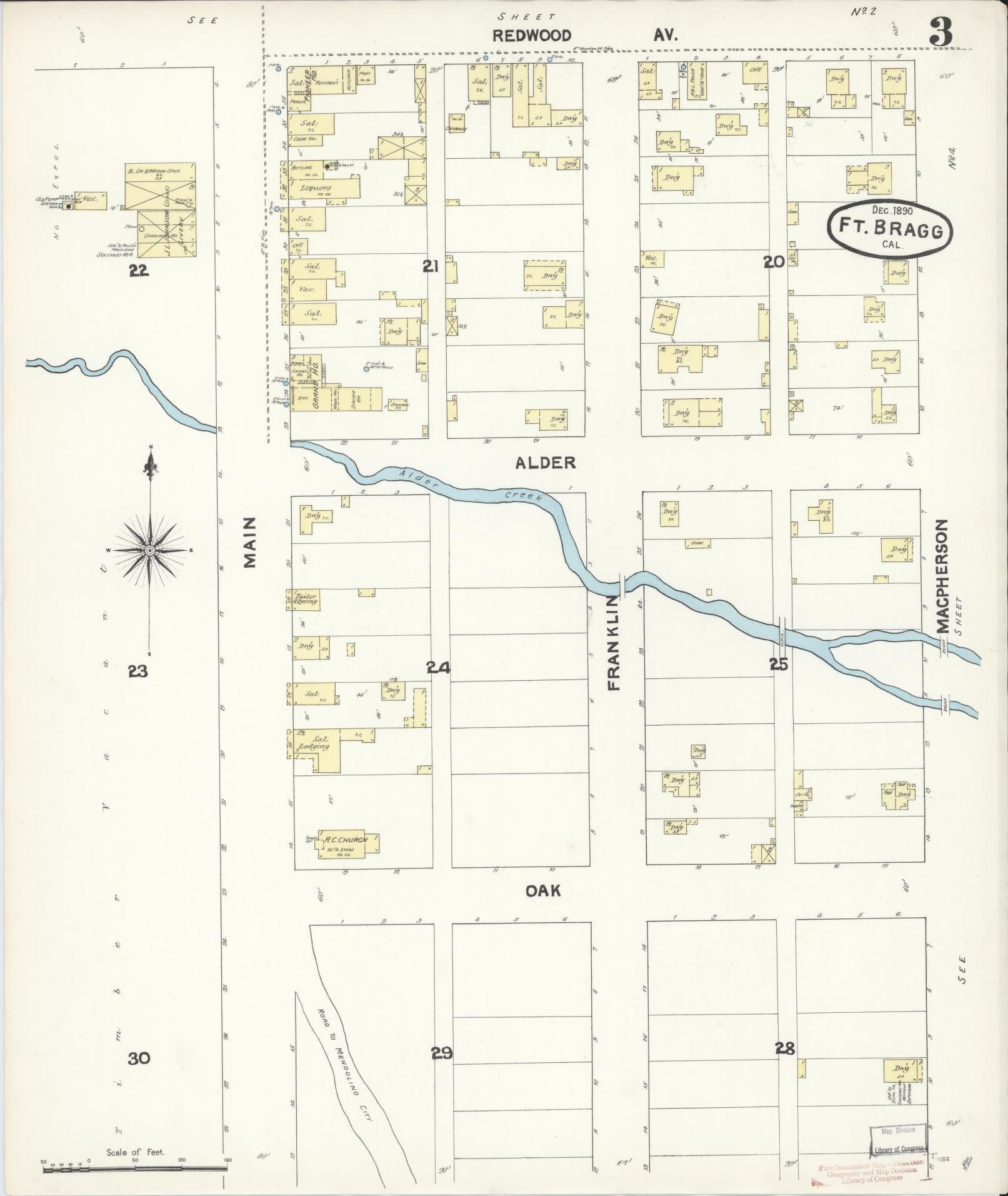 Sanborn Fire Insurance Map from Fort Bragg, Mendocino County, California (1890), Sheet #0003 - Historic Sanborn Fire Insurance Map Print, vintage old map wall art, antique decor, genealogy gift, California California map