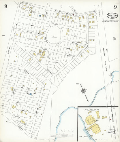 Sanborn Fire Insurance Map from Milton, Norfolk County, Massachusetts (1923), Sheet #0009 - Complete Map Set gallery image, historic Sanborn map, vintage wall art, Massachusetts Massachusetts