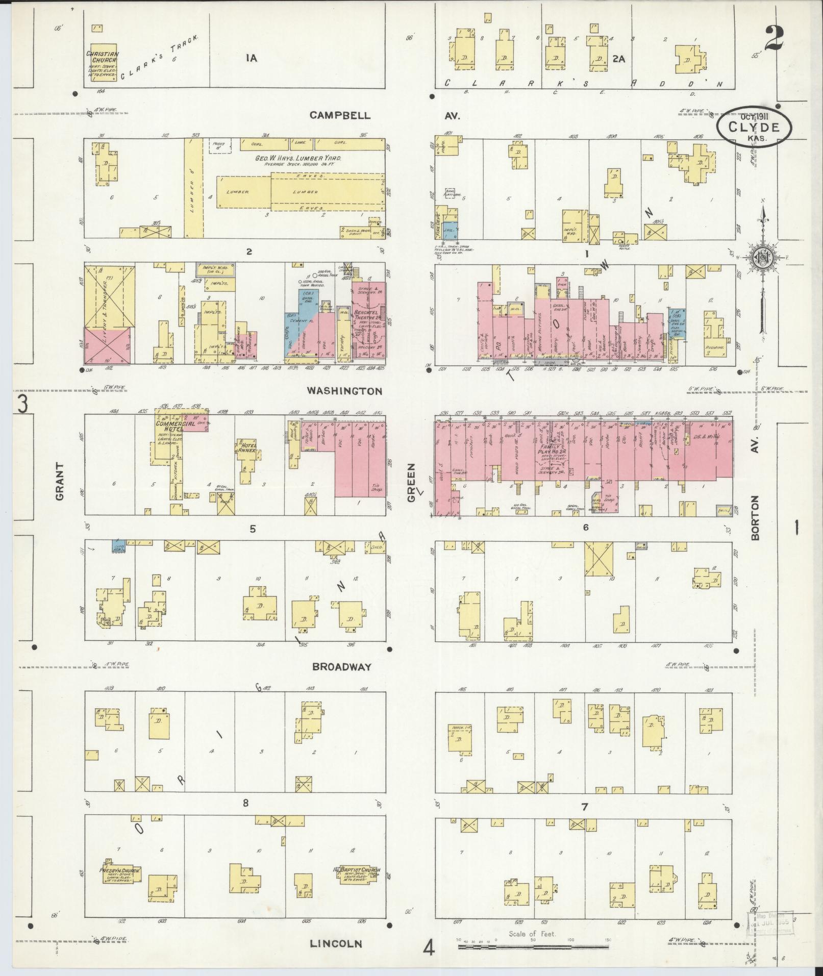 Sanborn Fire Insurance Map from Clyde, Cloud County, Kansas (1911), Sheet #0002 - Historic Sanborn Fire Insurance Map Print, vintage old map wall art, antique decor, genealogy gift, Kansas Kansas map