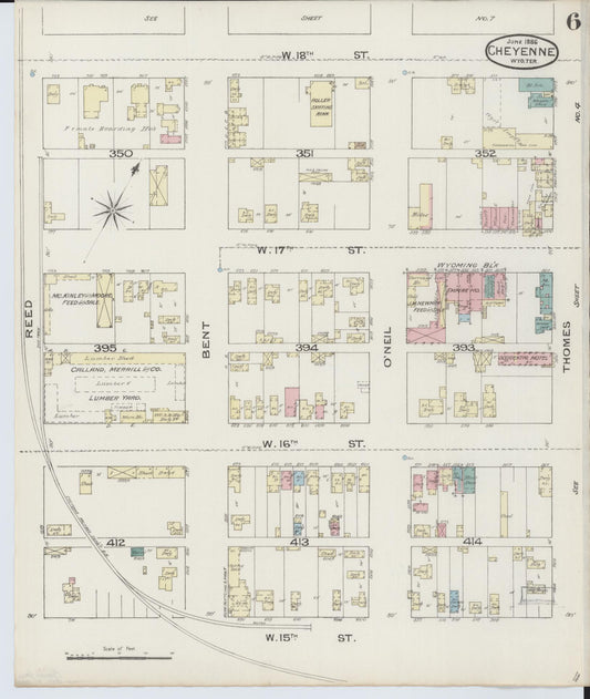 Sanborn Fire Insurance Map from Cheyenne, Laramie County, Wyoming (1886), Sheet #0006 - Historic Sanborn Fire Insurance Map Print, vintage old map wall art, antique decor, genealogy gift, Wyoming Wyoming map