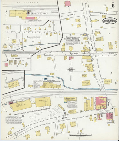 Sanborn Fire Insurance Map from Christiansburg, Montgomery County, Virginia (1921), Sheet #0006 - Historic Sanborn Fire Insurance Map Print, vintage old map wall art, antique decor, genealogy gift, Virginia Virginia map