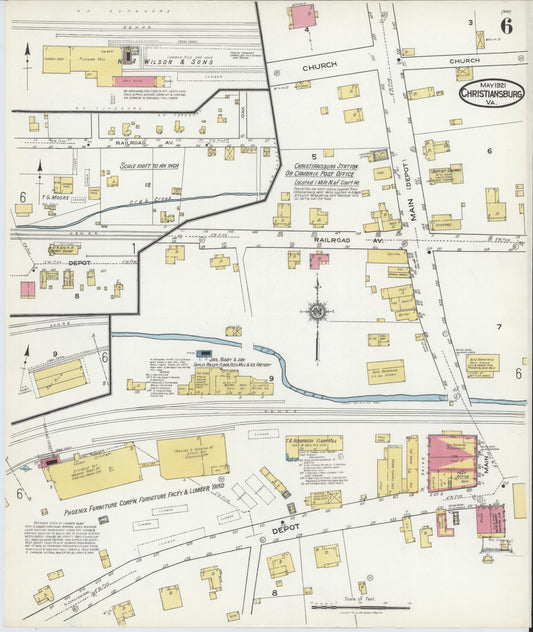 Sanborn Fire Insurance Map from Christiansburg, Montgomery County, Virginia (1921), Sheet #0006 - Historic Sanborn Fire Insurance Map Print, vintage old map wall art, antique decor, genealogy gift, Virginia Virginia map