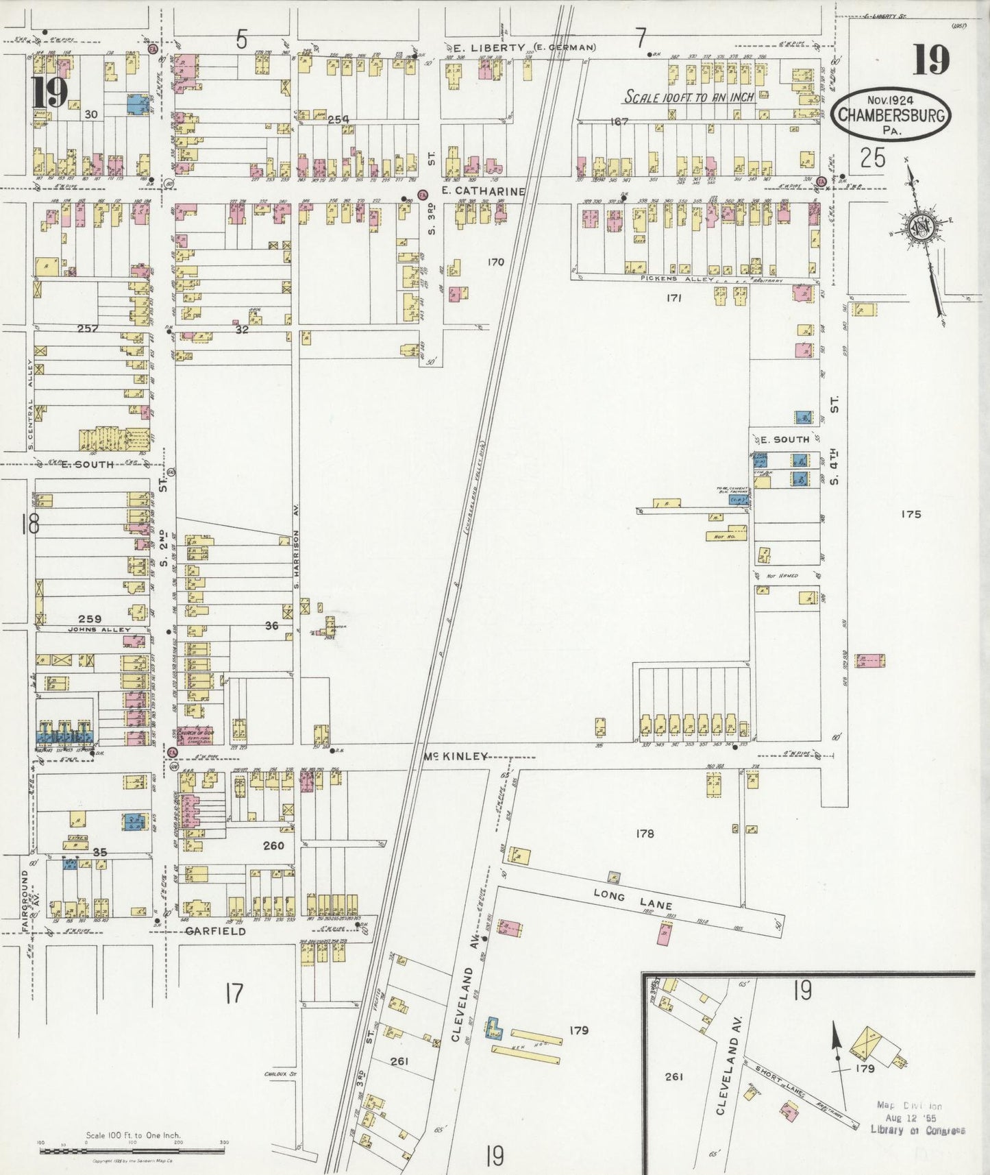 Sanborn Fire Insurance Map from Chambersburg, Franklin County, Pennsylvania (1924), Sheet #0019 - Historic Sanborn Fire Insurance Map Print, vintage old map wall art, antique decor, genealogy gift, Pennsylvania Pennsylvania map