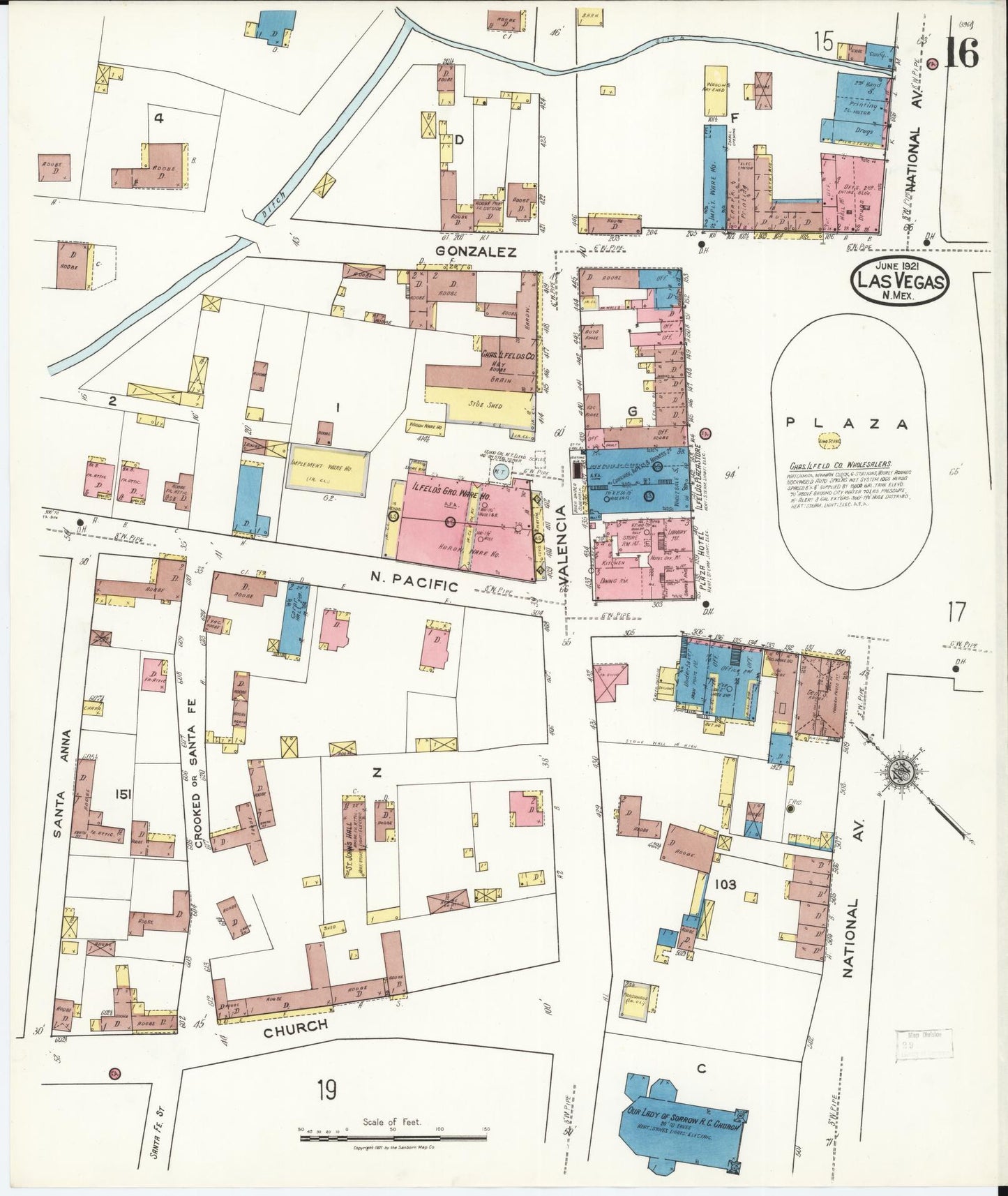 Sanborn Fire Insurance Map from Las Vegas, San Miguel County, New Mexico (1921), Sheet #0016 - Complete Map Set gallery image, historic Sanborn map, vintage wall art, New Mexico New Mexico