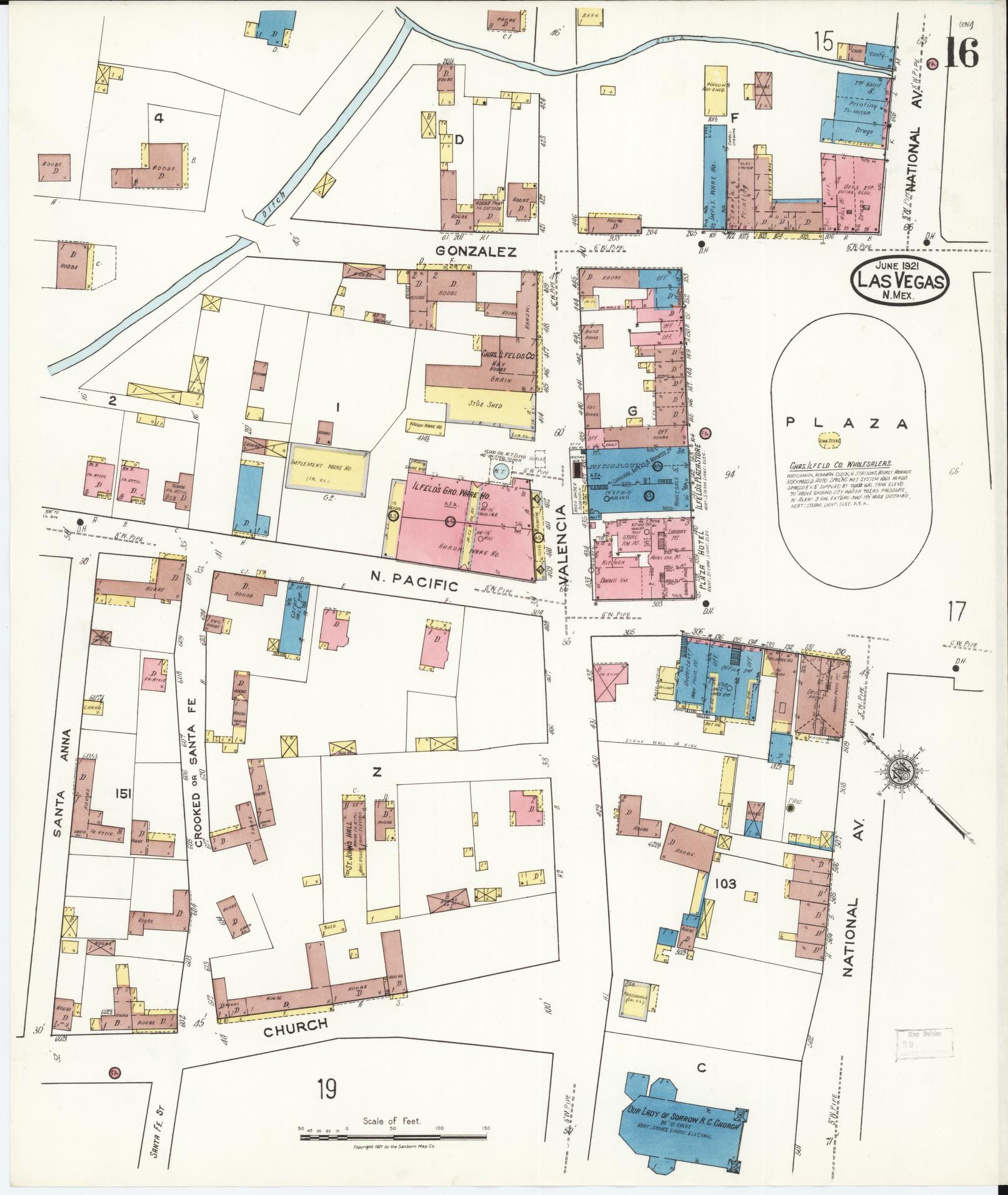 Sanborn Fire Insurance Map from Las Vegas, San Miguel County, New Mexico (1921), Sheet #0016 - Complete Map Set gallery image, historic Sanborn map, vintage wall art, New Mexico New Mexico