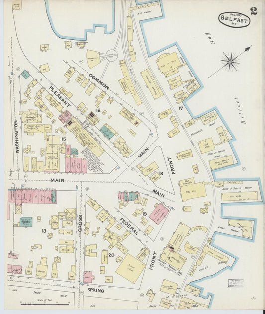 Sanborn Fire Insurance Map from Belfast, Waldo County, Maine (1890), Sheet #0002 - Historic Sanborn Fire Insurance Map Print, vintage old map wall art, antique decor, genealogy gift, Maine Maine map