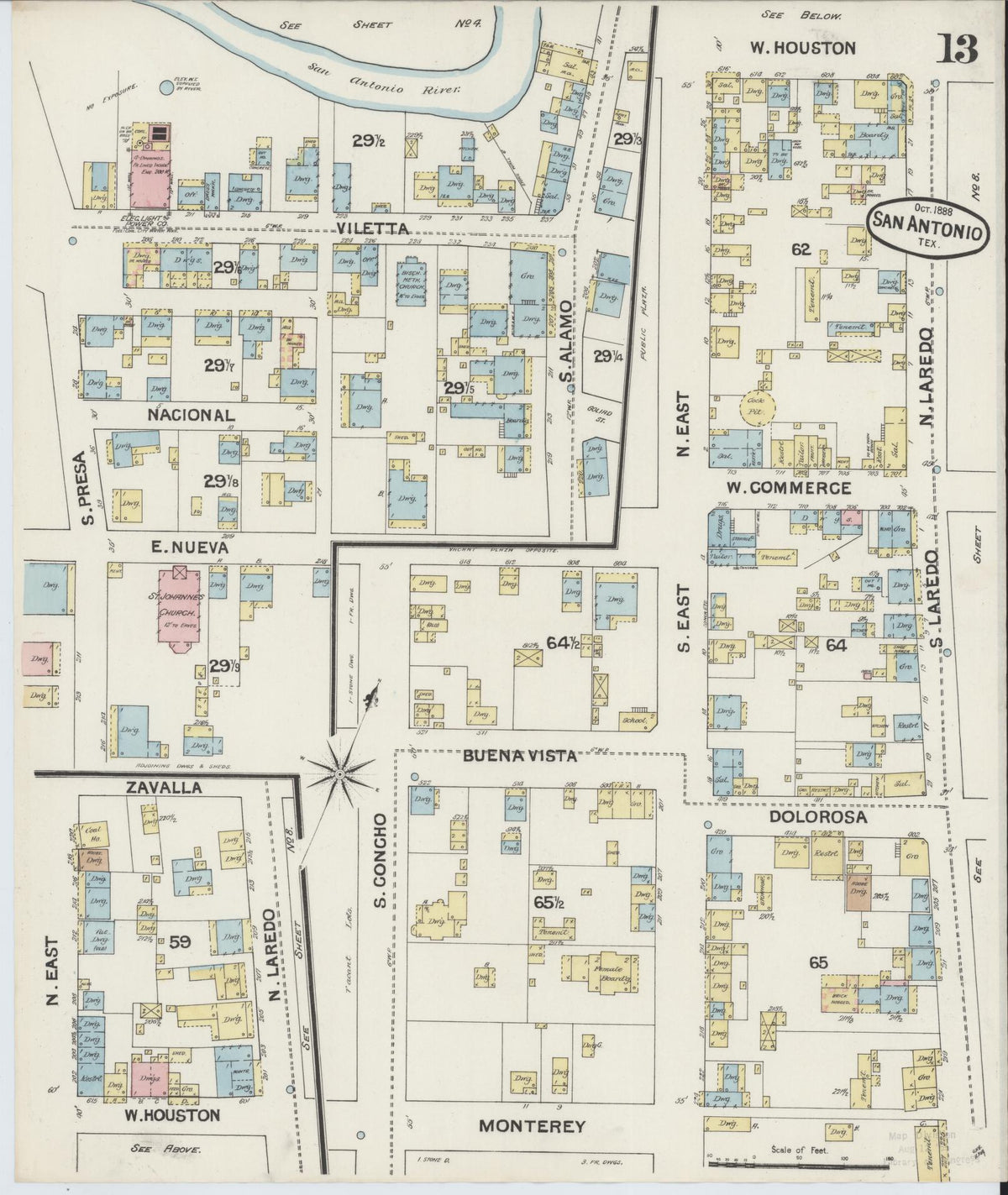 Sanborn Fire Insurance Map from San Antonio, Bexar County, Texas (1888), Sheet #0013 - Complete Map Set gallery image, historic Sanborn map, vintage wall art, Texas Texas