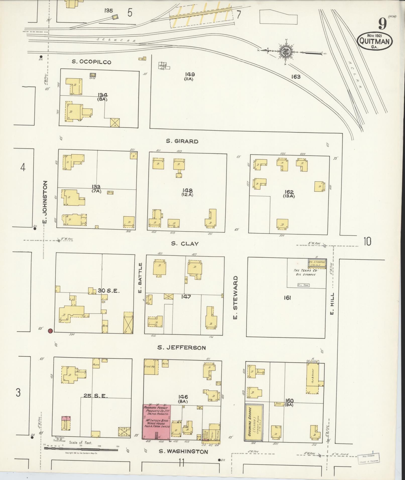 Sanborn Fire Insurance Map from Quitman, Brooks County, Georgia (1921), Sheet #0009 - Complete Map Set gallery image, historic Sanborn map, vintage wall art, Georgia Georgia