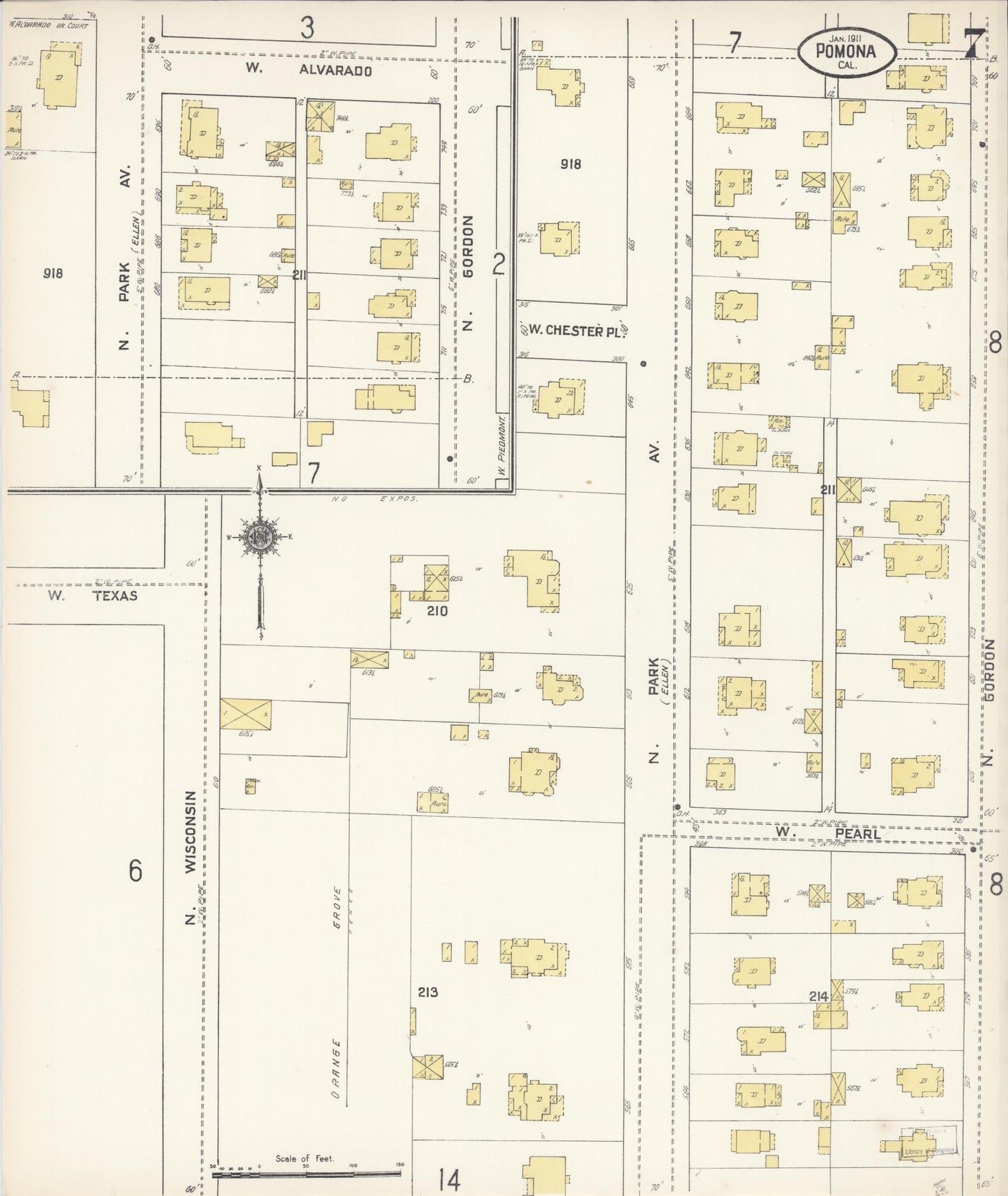 Sanborn Fire Insurance Map from Pomona, Los Angeles County, California (1911), Sheet #0007 - Complete Map Set gallery image, historic Sanborn map, vintage wall art, California California