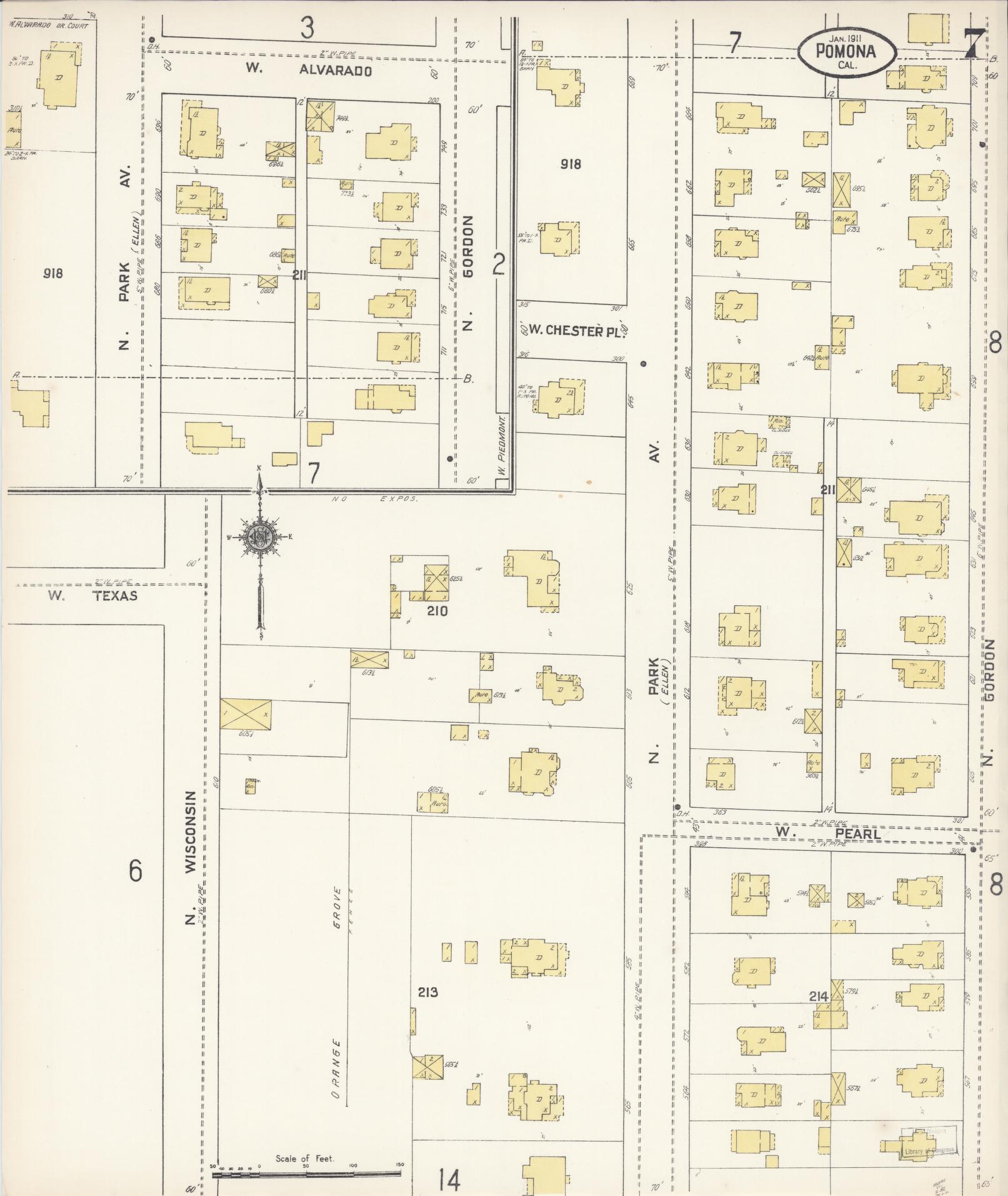 Sanborn Fire Insurance Map from Pomona, Los Angeles County, California (1911), Sheet #0007 - Complete Map Set gallery image, historic Sanborn map, vintage wall art, California California