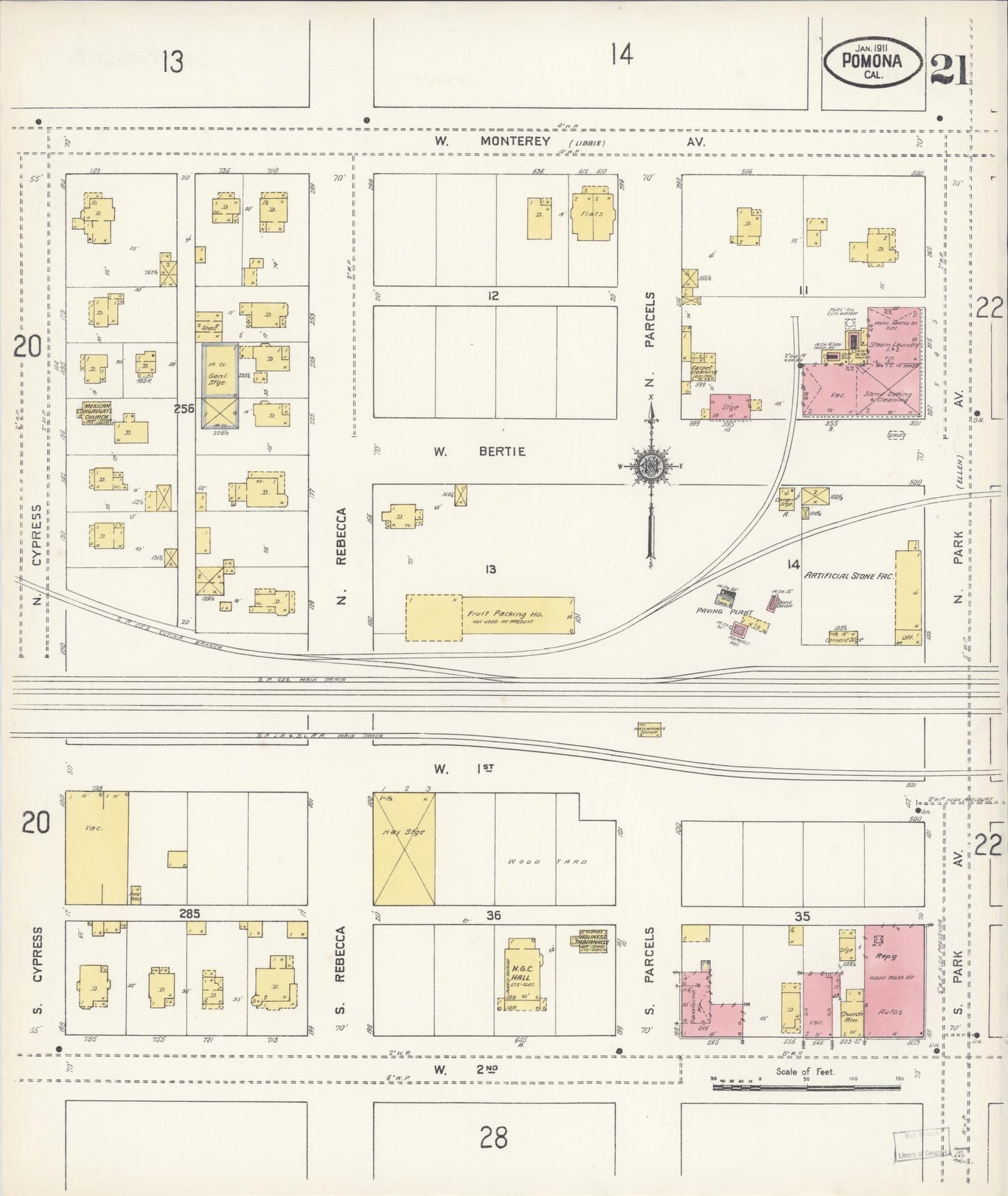 Sanborn Fire Insurance Map from Pomona, Los Angeles County, California (1911), Sheet #0021 - Complete Map Set gallery image, historic Sanborn map, vintage wall art, California California
