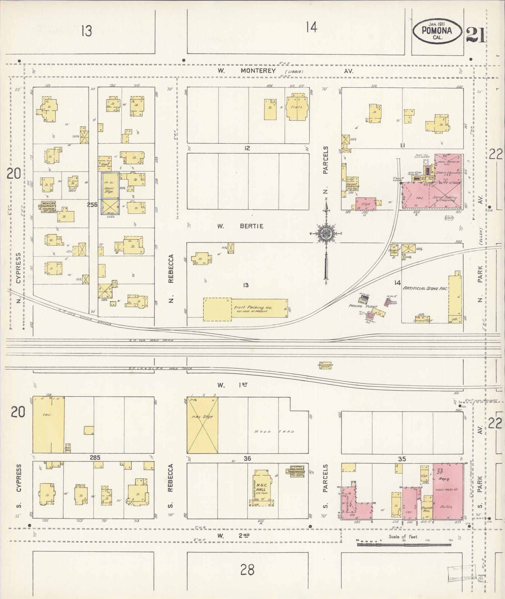 Sanborn Fire Insurance Map from Pomona, Los Angeles County, California (1911), Sheet #0021 - Complete Map Set gallery image, historic Sanborn map, vintage wall art, California California