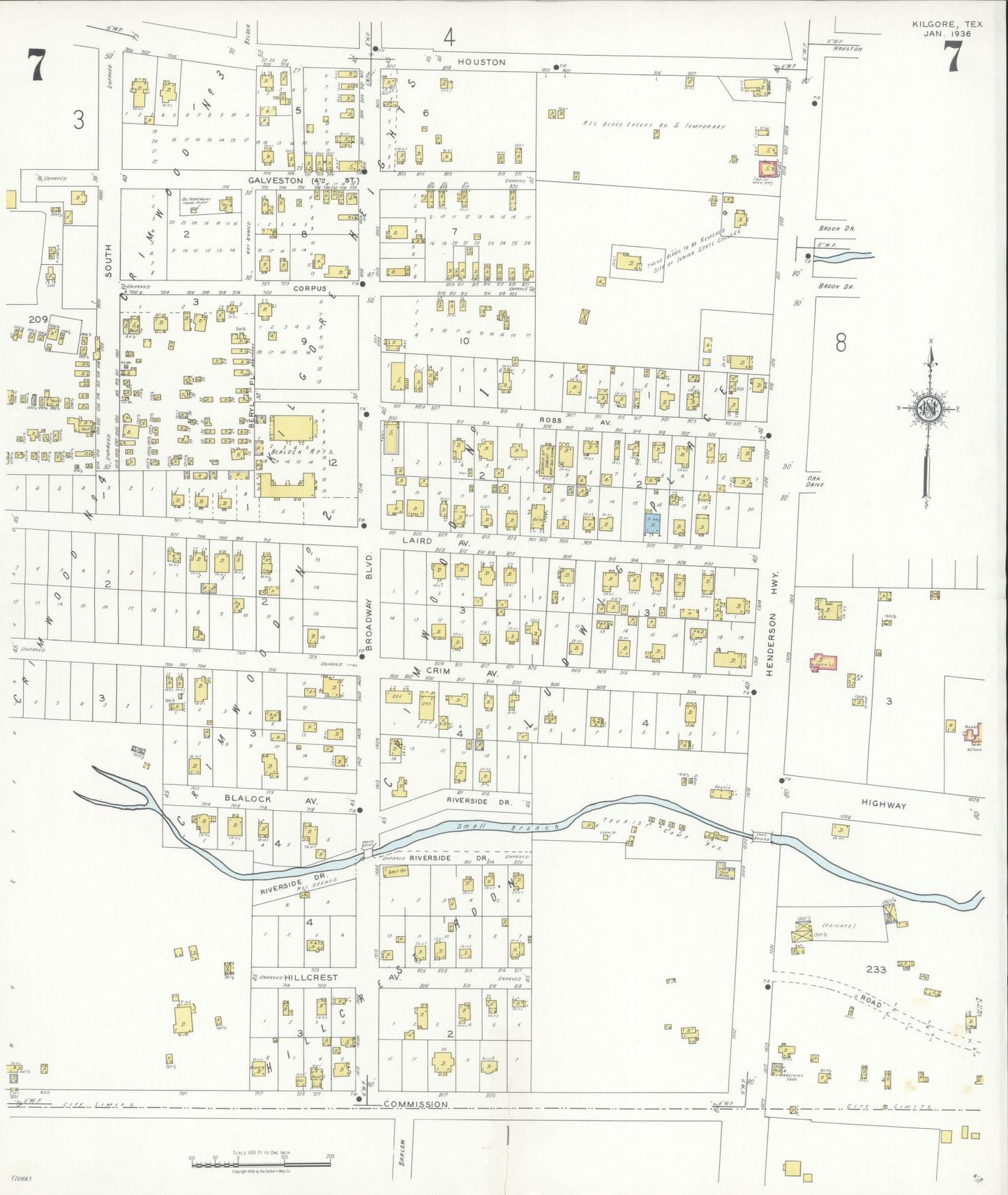 Sanborn Fire Insurance Map from Kilgore, Gregg County, Texas (1936), Sheet #0007 - Historic Sanborn Fire Insurance Map Print, vintage old map wall art, antique decor, genealogy gift, Texas Texas map