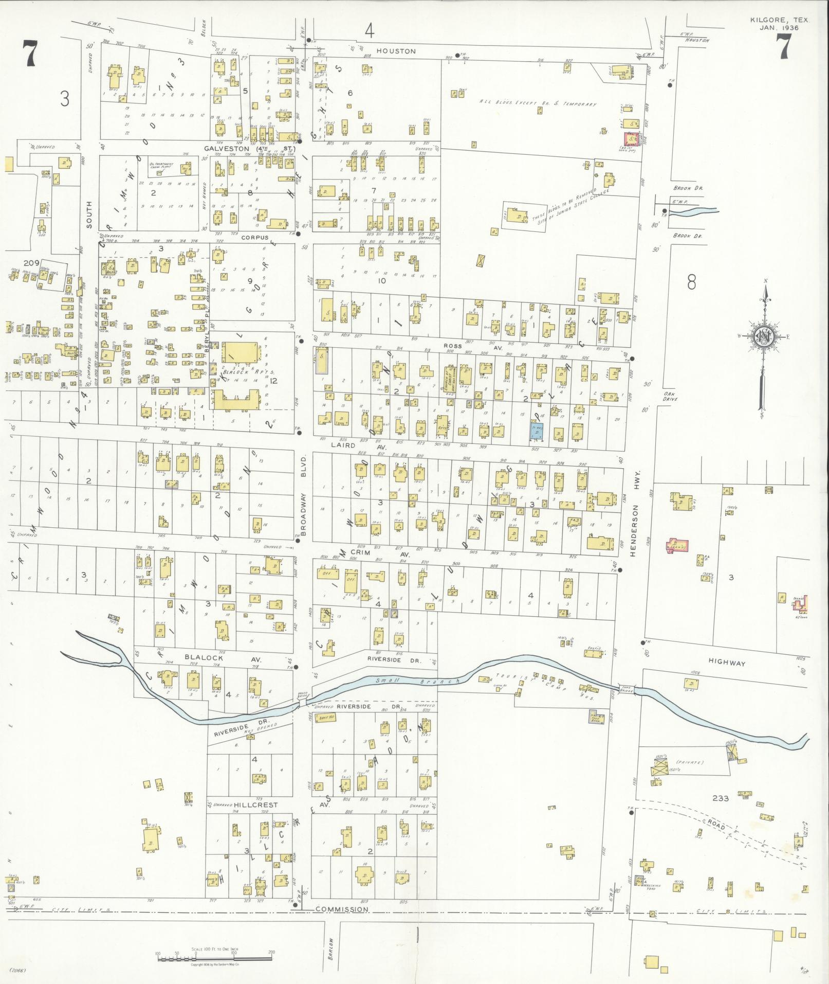 Sanborn Fire Insurance Map from Kilgore, Gregg County, Texas (1936), Sheet #0007 - Historic Sanborn Fire Insurance Map Print, vintage old map wall art, antique decor, genealogy gift, Texas Texas map