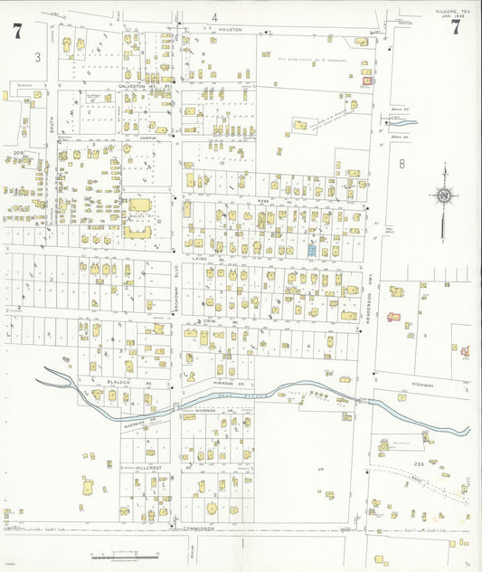 Sanborn Fire Insurance Map from Kilgore, Gregg County, Texas (1936), Sheet #0007 - Historic Sanborn Fire Insurance Map Print, vintage old map wall art, antique decor, genealogy gift, Texas Texas map