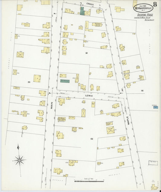 Sanborn Fire Insurance Map from Bernardsville, Somerset County, New Jersey (1909), Sheet #0008 - Historic Sanborn Fire Insurance Map Print, vintage old map wall art, antique decor, genealogy gift, New Jersey New Jersey map