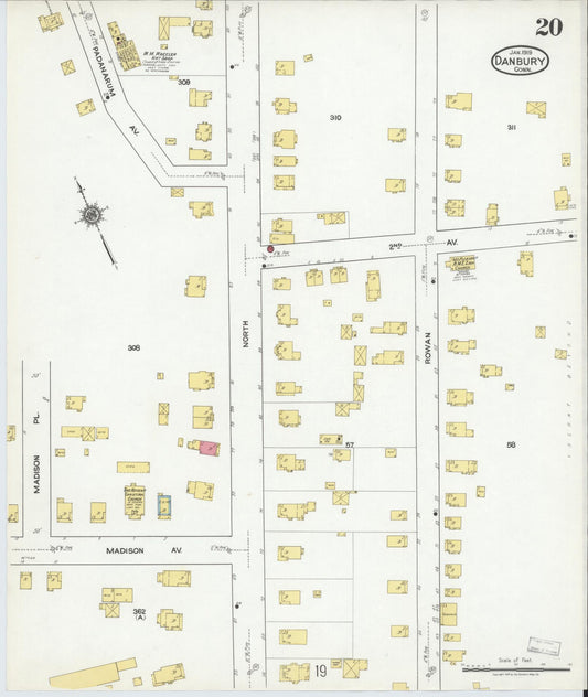 Sanborn Fire Insurance Map from Danbury, Fairfield County, Connecticut (1919), Sheet #0020 - Historic Sanborn Fire Insurance Map Print, vintage old map wall art, antique decor, genealogy gift, Connecticut Connecticut map