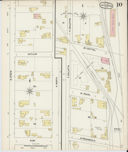 Sanborn Fire Insurance Map from Jackson, Hinds County, Mississippi (1890), Sheet #0010 - Complete Map Set gallery image, historic Sanborn map, vintage wall art, Mississippi Mississippi