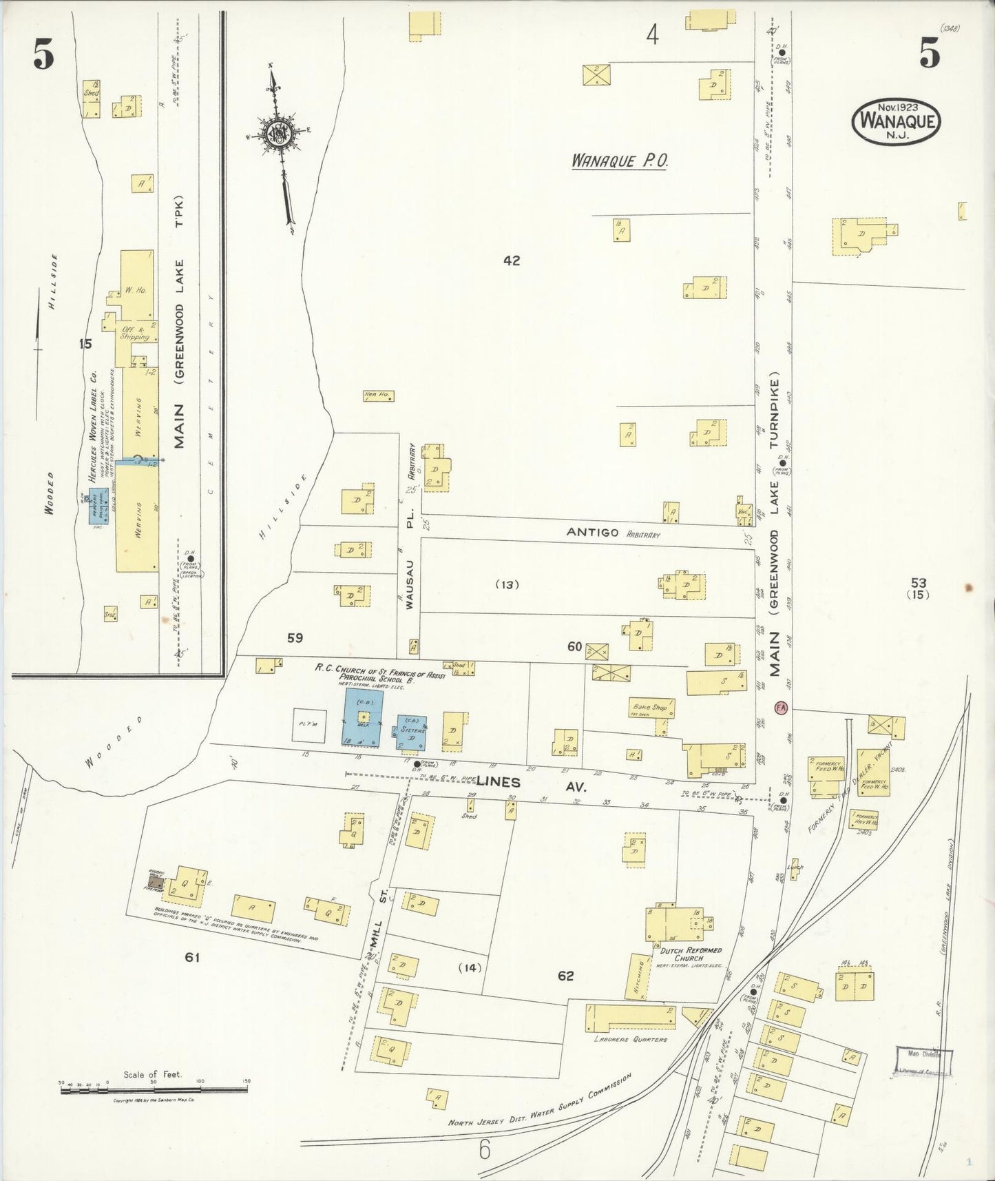 Sanborn Fire Insurance Map from Wanaque, Passaic County, New Jersey (1923), Sheet #0005 - Historic Sanborn Fire Insurance Map Print, vintage old map wall art, antique decor, genealogy gift, New Jersey New Jersey map