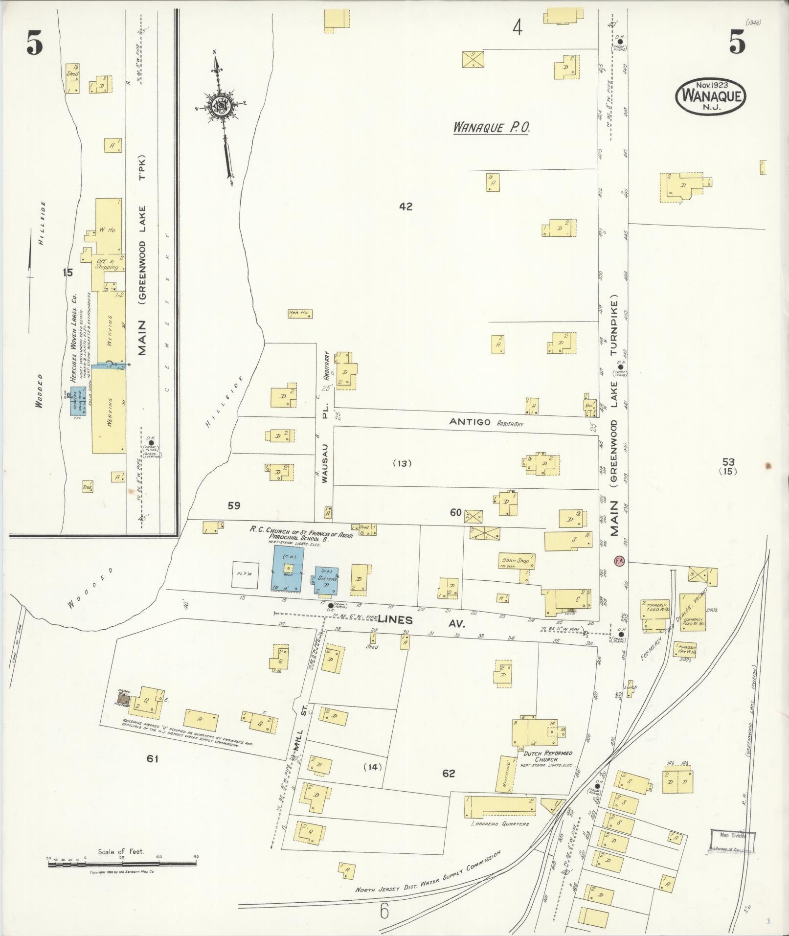 Sanborn Fire Insurance Map from Wanaque, Passaic County, New Jersey (1923), Sheet #0005 - Historic Sanborn Fire Insurance Map Print, vintage old map wall art, antique decor, genealogy gift, New Jersey New Jersey map