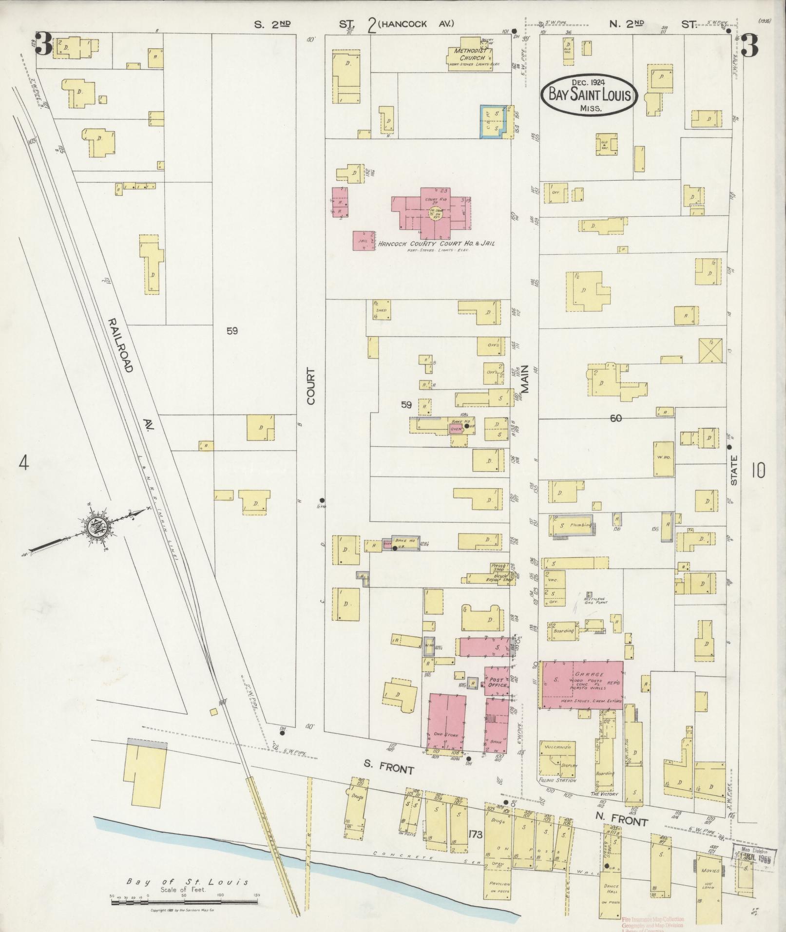 Sanborn Fire Insurance Map from Bay Saint Louis, Hancock County, Mississippi (1924), Sheet #0003 - Historic Sanborn Fire Insurance Map Print, vintage old map wall art, antique decor, genealogy gift, Mississippi Mississippi map