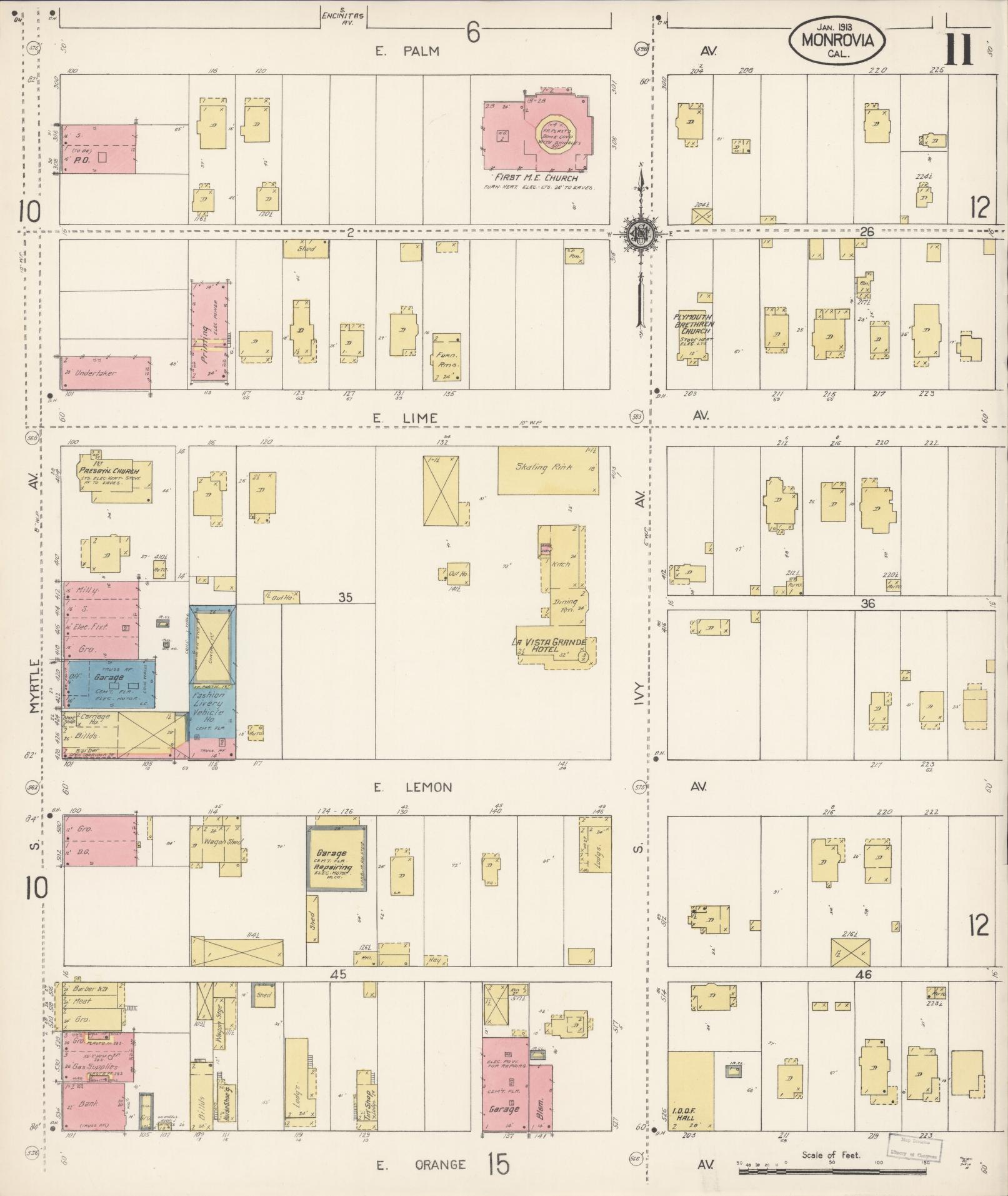 Sanborn Fire Insurance Map from Monrovia, Los Angeles County, California (1913), Sheet #0011 - Complete Map Set gallery image, historic Sanborn map, vintage wall art, California California