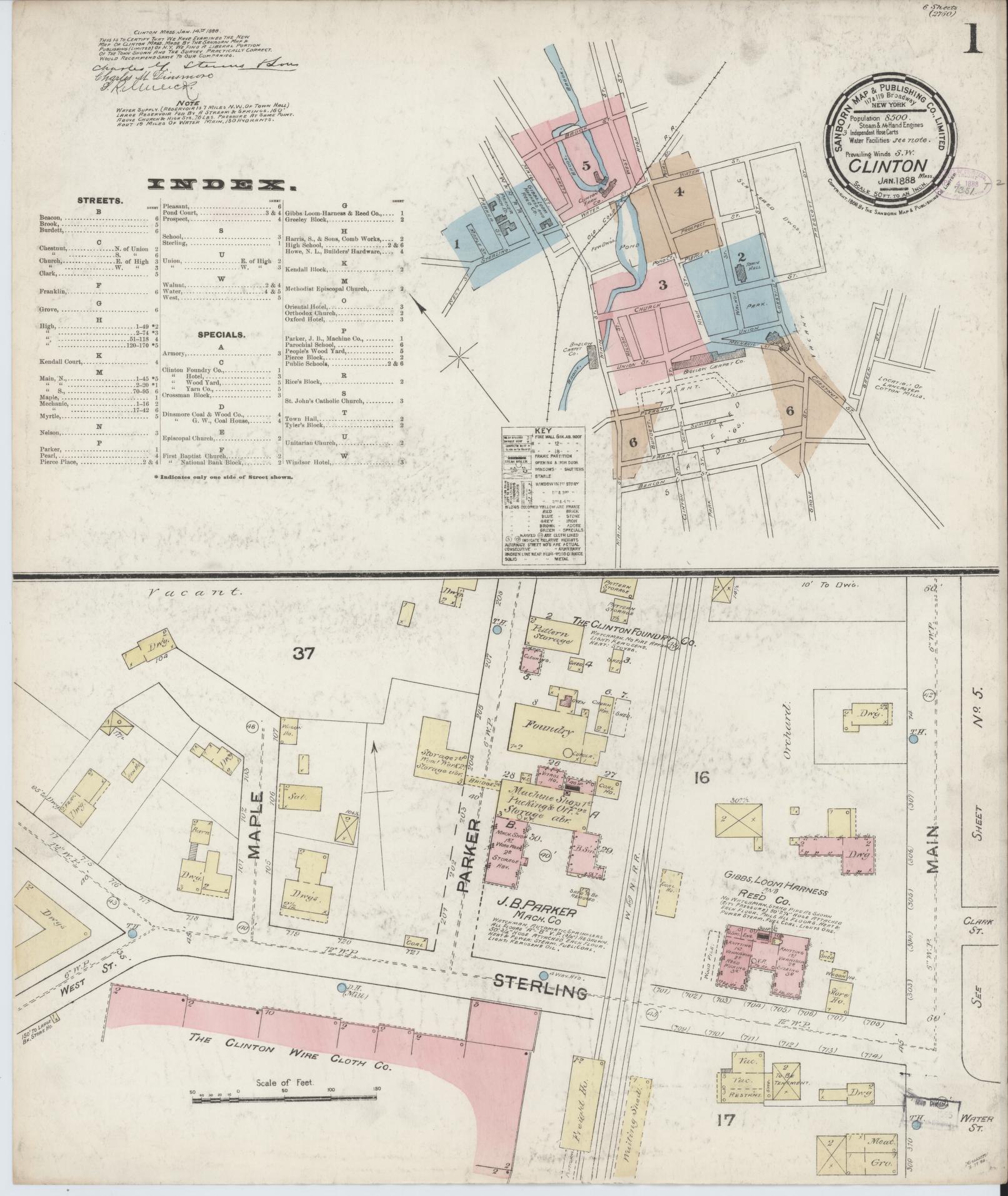 Sanborn Fire Insurance Map from Clinton, Worcester County, Massachusetts (1888), Sheet #0001 - Historic Sanborn Fire Insurance Map Print, vintage old map wall art, antique decor, genealogy gift, Massachusetts Massachusetts map