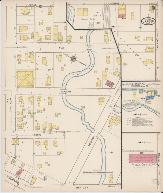 Sanborn Fire Insurance Map from Lapeer, Lapeer County, Michigan (1922), Sheet #0009 - Historic Sanborn Fire Insurance Map Print, vintage old map wall art, antique decor, genealogy gift, Michigan Michigan map