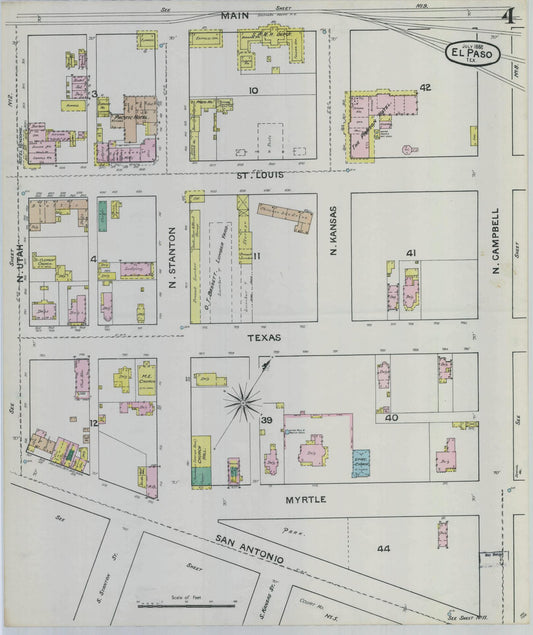 Sanborn Fire Insurance Map from El Paso, El Paso County, Texas (1888), Sheet #0004 - Historic Sanborn Fire Insurance Map Print, vintage old map wall art, antique decor, genealogy gift, Texas Texas map
