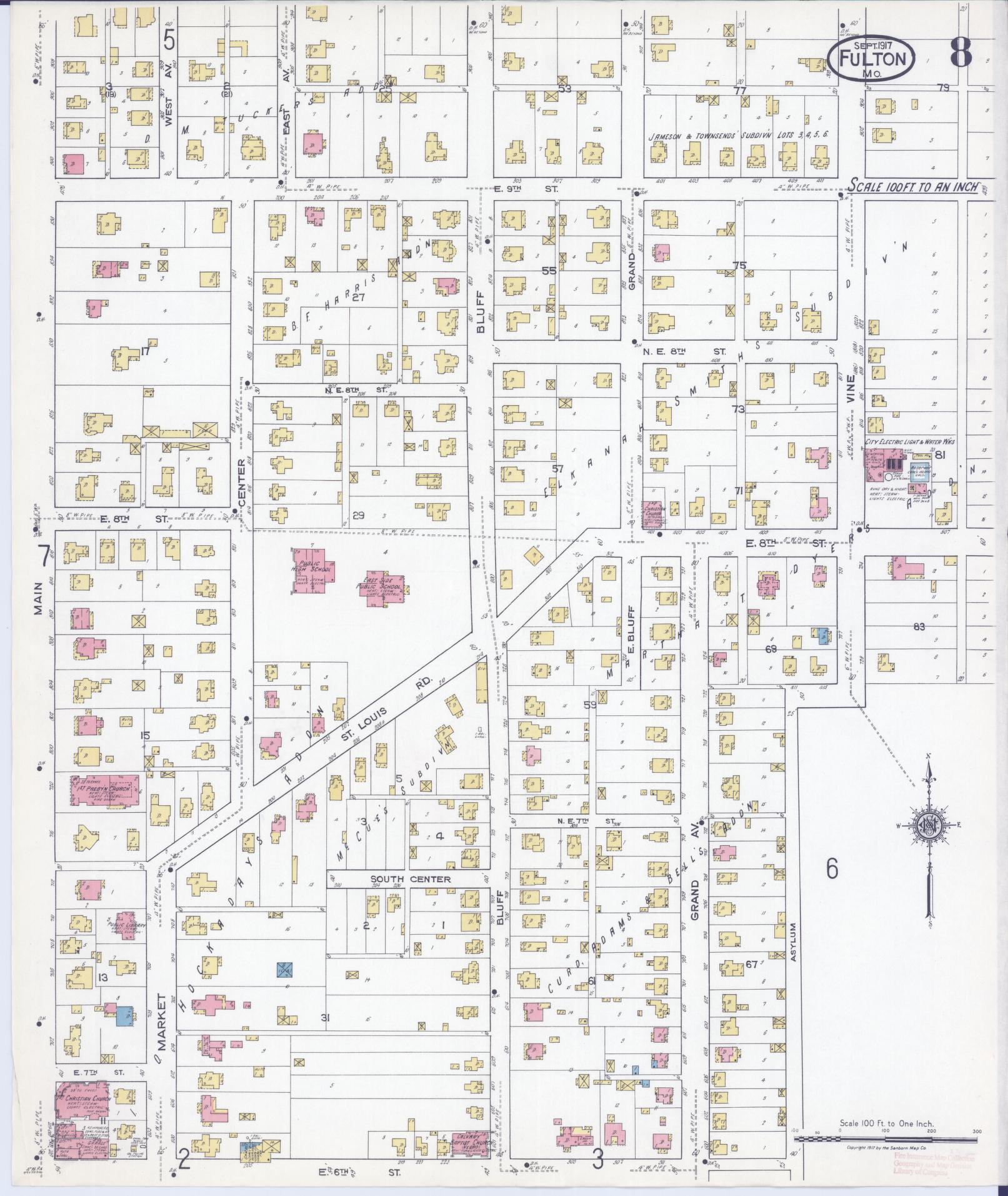 Sanborn Fire Insurance Map from Fulton, Callaway County, Missouri (1917), Sheet #0008 - Complete Map Set gallery image, historic Sanborn map, vintage wall art, Missouri Missouri