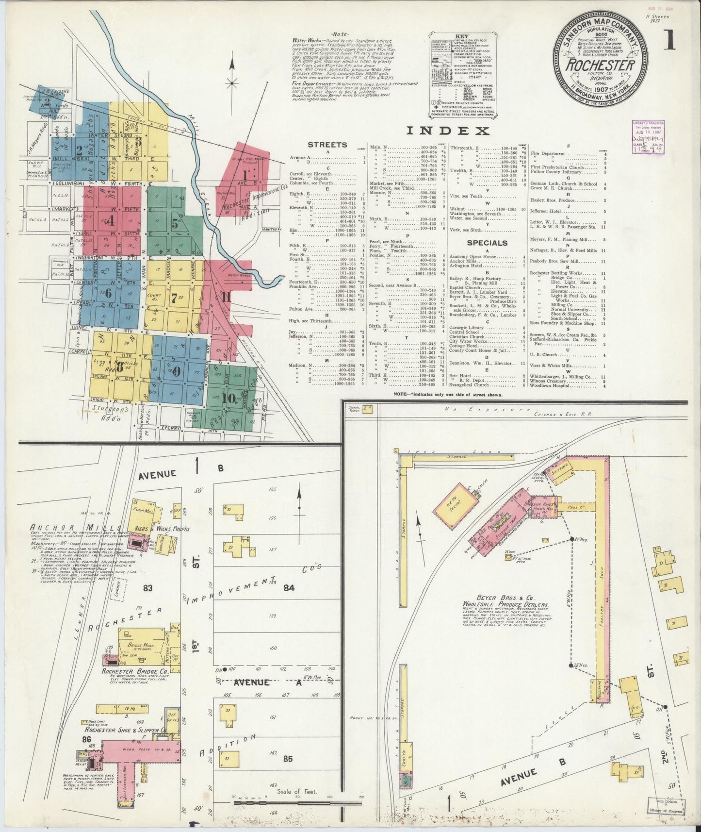 Sanborn Fire Insurance Map from Rochester, Fulton County, Indiana (1907), Sheet #0001 - Historic Sanborn Fire Insurance Map Print, vintage old map wall art, antique decor, genealogy gift, Indiana Indiana map