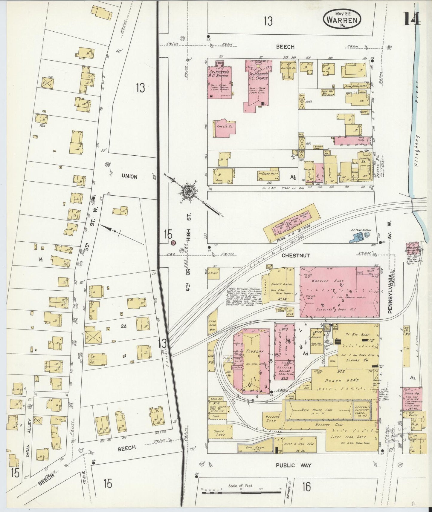 Sanborn Fire Insurance Map from Warren, Warren County, Pennsylvania (1912), Sheet #0014 - Historic Sanborn Fire Insurance Map Print, vintage old map wall art, antique decor, genealogy gift, Pennsylvania Pennsylvania map