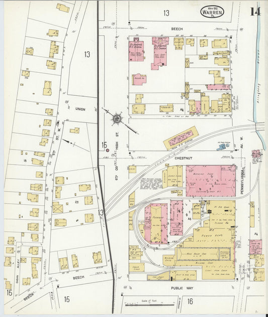 Sanborn Fire Insurance Map from Warren, Warren County, Pennsylvania (1912), Sheet #0014 - Historic Sanborn Fire Insurance Map Print, vintage old map wall art, antique decor, genealogy gift, Pennsylvania Pennsylvania map