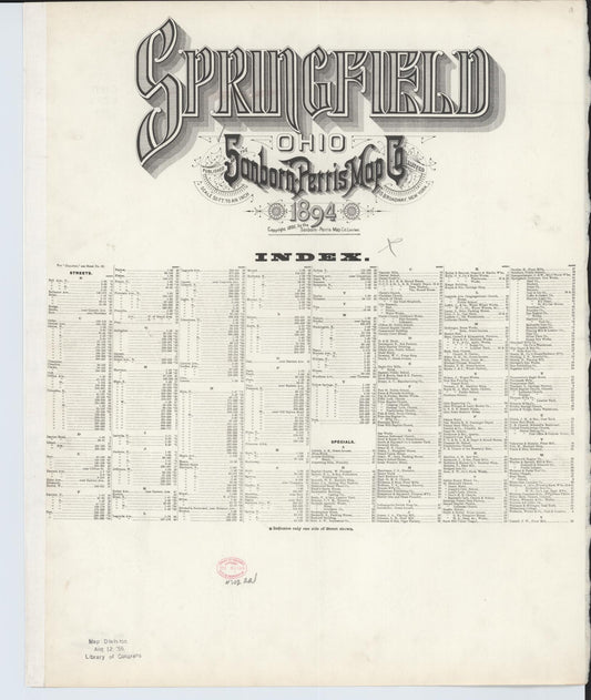 Sanborn Fire Insurance Map from Springfield, Clark County, Ohio (1894), Sheet #0001 - Historic Sanborn Fire Insurance Map Print, vintage old map wall art, antique decor, genealogy gift, Ohio Ohio map