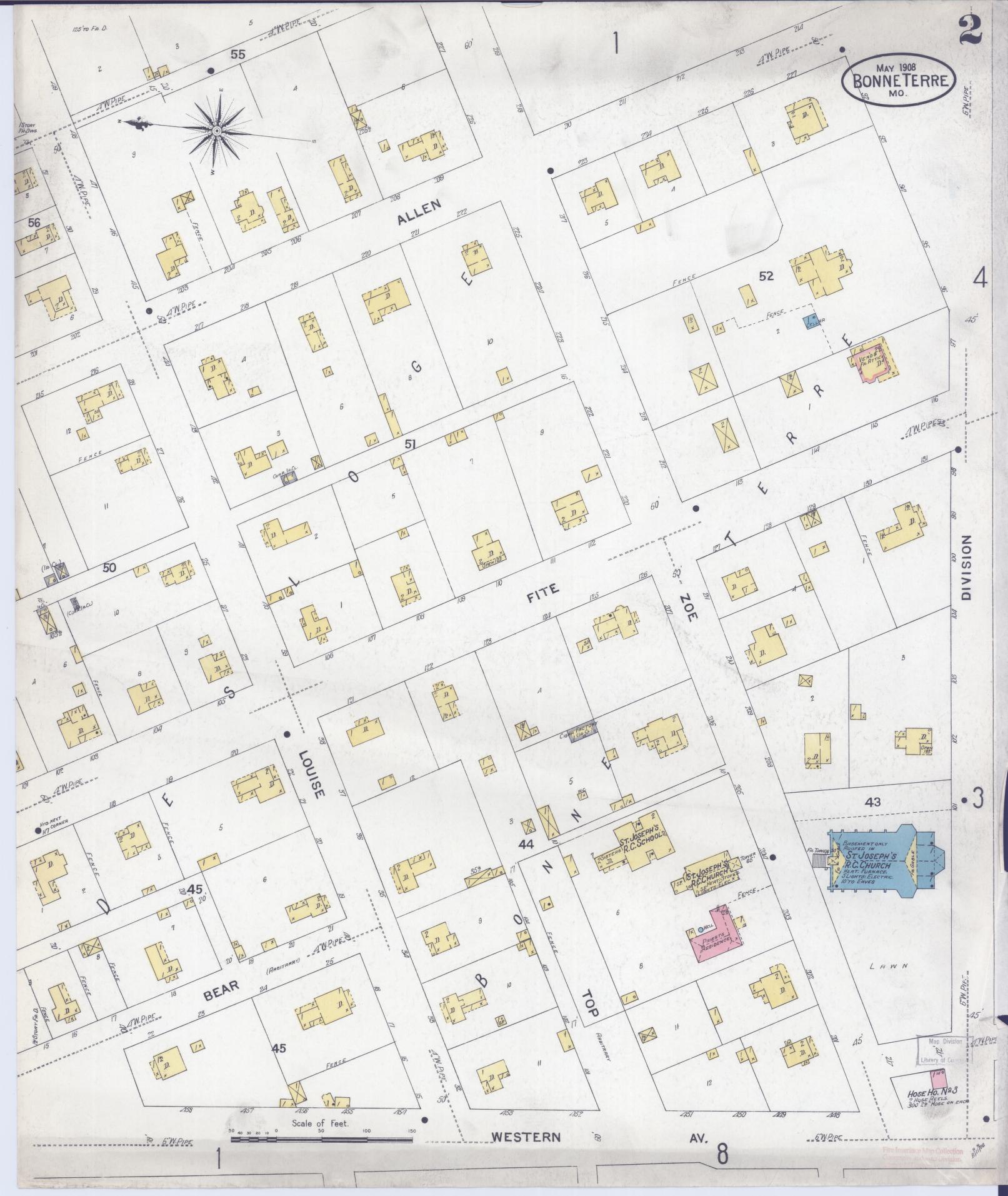 Sanborn Fire Insurance Map from Bonne Terre, Saint Francois County, Missouri (1908), Sheet #0002 - Historic Sanborn Fire Insurance Map Print, vintage old map wall art, antique decor, genealogy gift, Missouri Missouri map