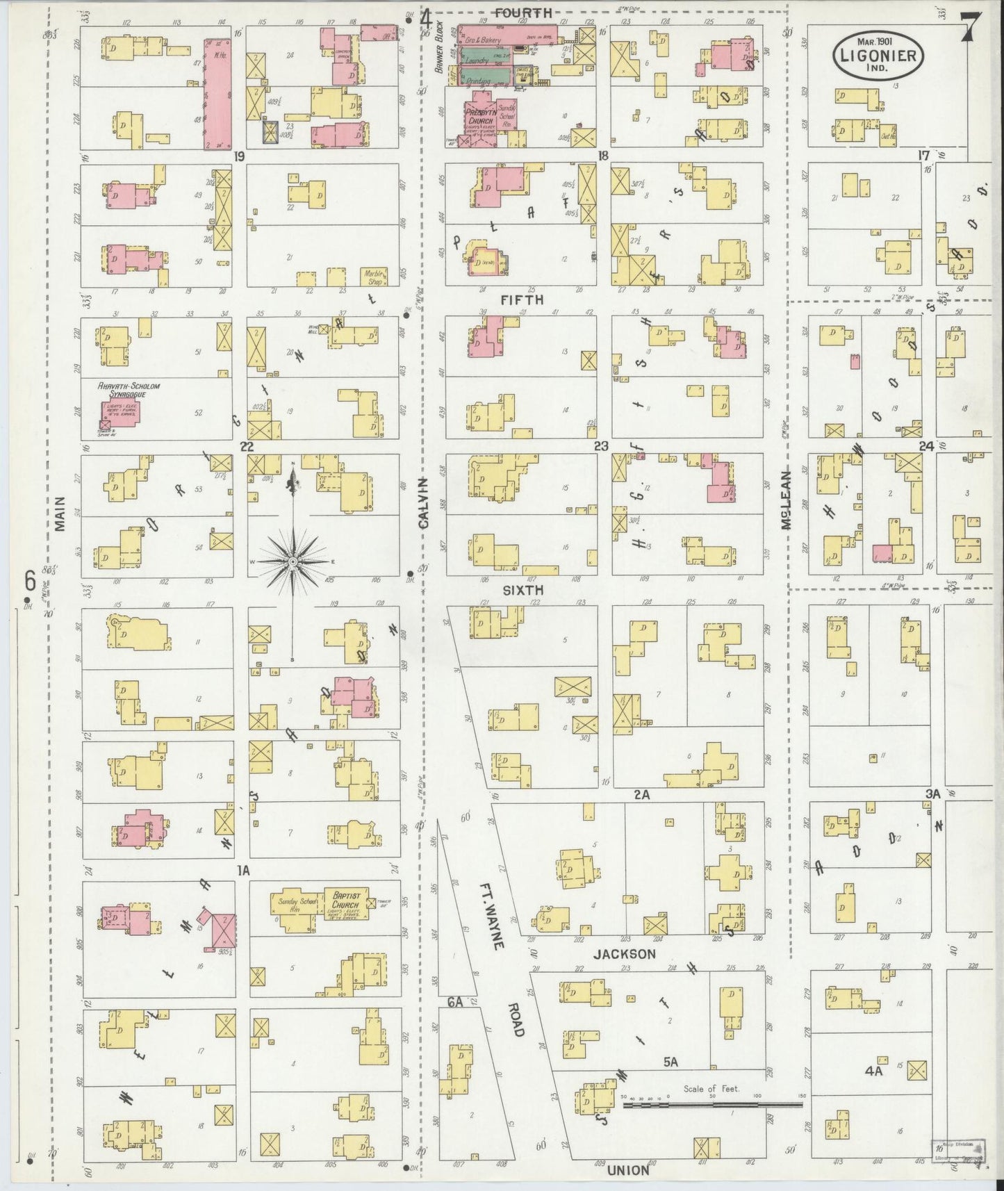 Sanborn Fire Insurance Map from Ligonier, Noble County, Indiana (1901), Sheet #0007 - Complete Map Set gallery image, historic Sanborn map, vintage wall art, Indiana Indiana