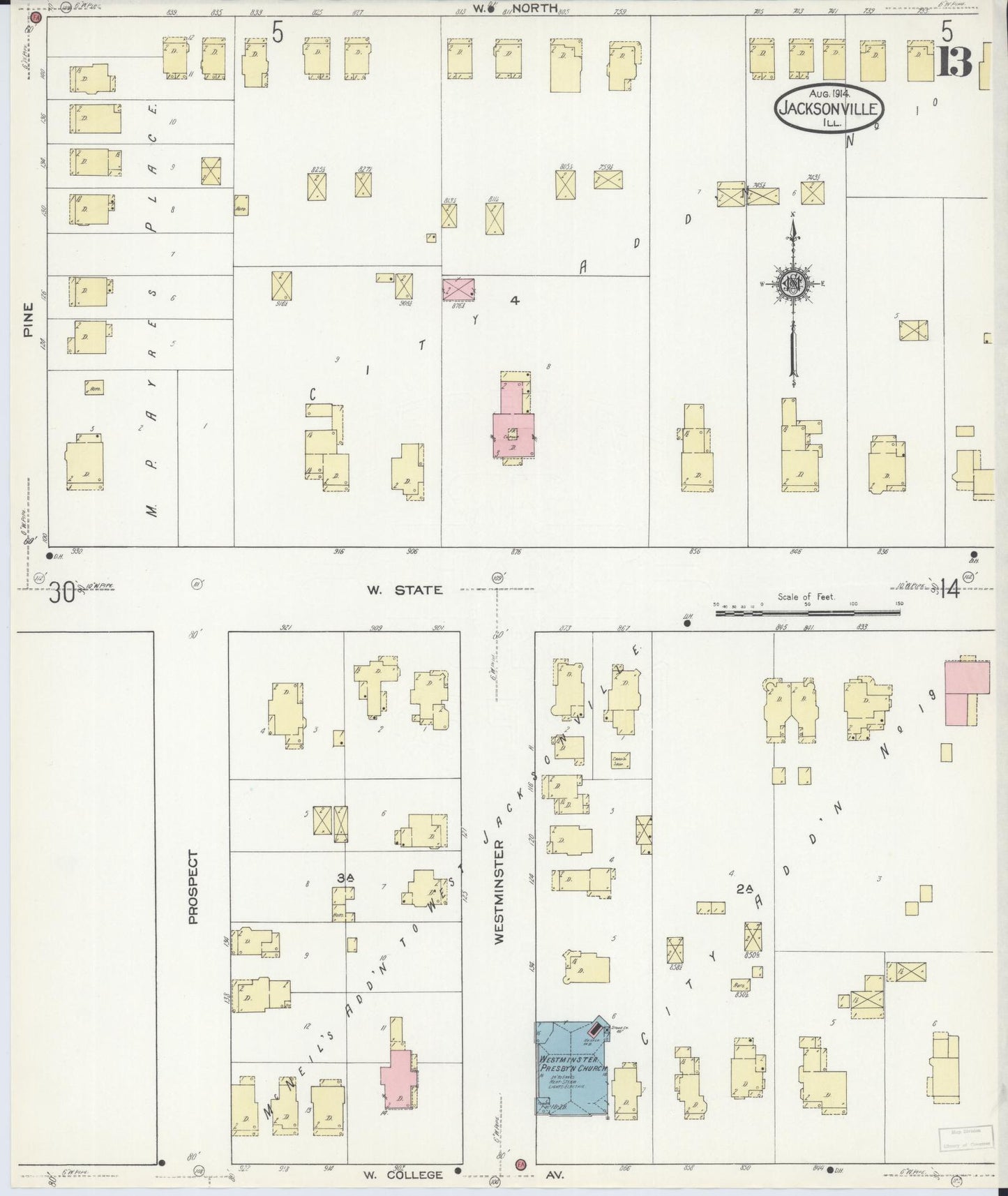 Sanborn Fire Insurance Map from Jacksonville, Morgan County, Illinois (1914), Sheet #0013 - Complete Map Set gallery image, historic Sanborn map, vintage wall art, Illinois Illinois