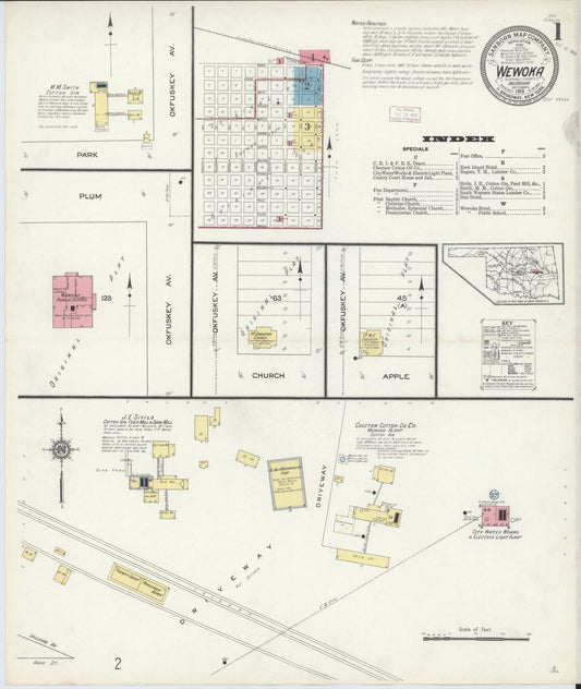 Sanborn Fire Insurance Map from Wewoka, Seminole County, Oklahoma (1913), Sheet #0001 - Historic Sanborn Fire Insurance Map Print, vintage old map wall art, antique decor, genealogy gift, Oklahoma Oklahoma map