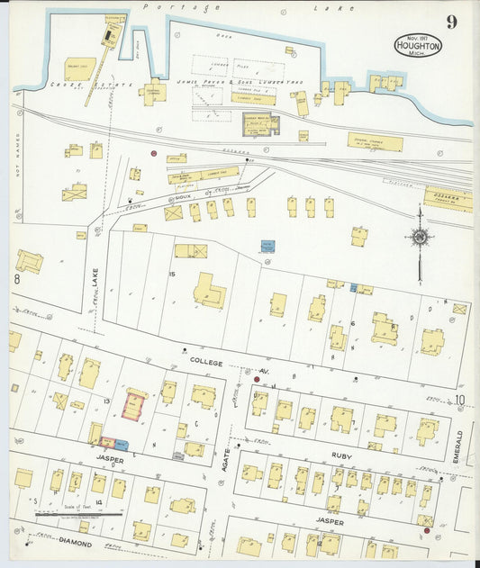 Sanborn Fire Insurance Map from Houghton, Houghton County, Michigan (1917), Sheet #0009 - Historic Sanborn Fire Insurance Map Print, vintage old map wall art, antique decor, genealogy gift, Michigan Michigan map
