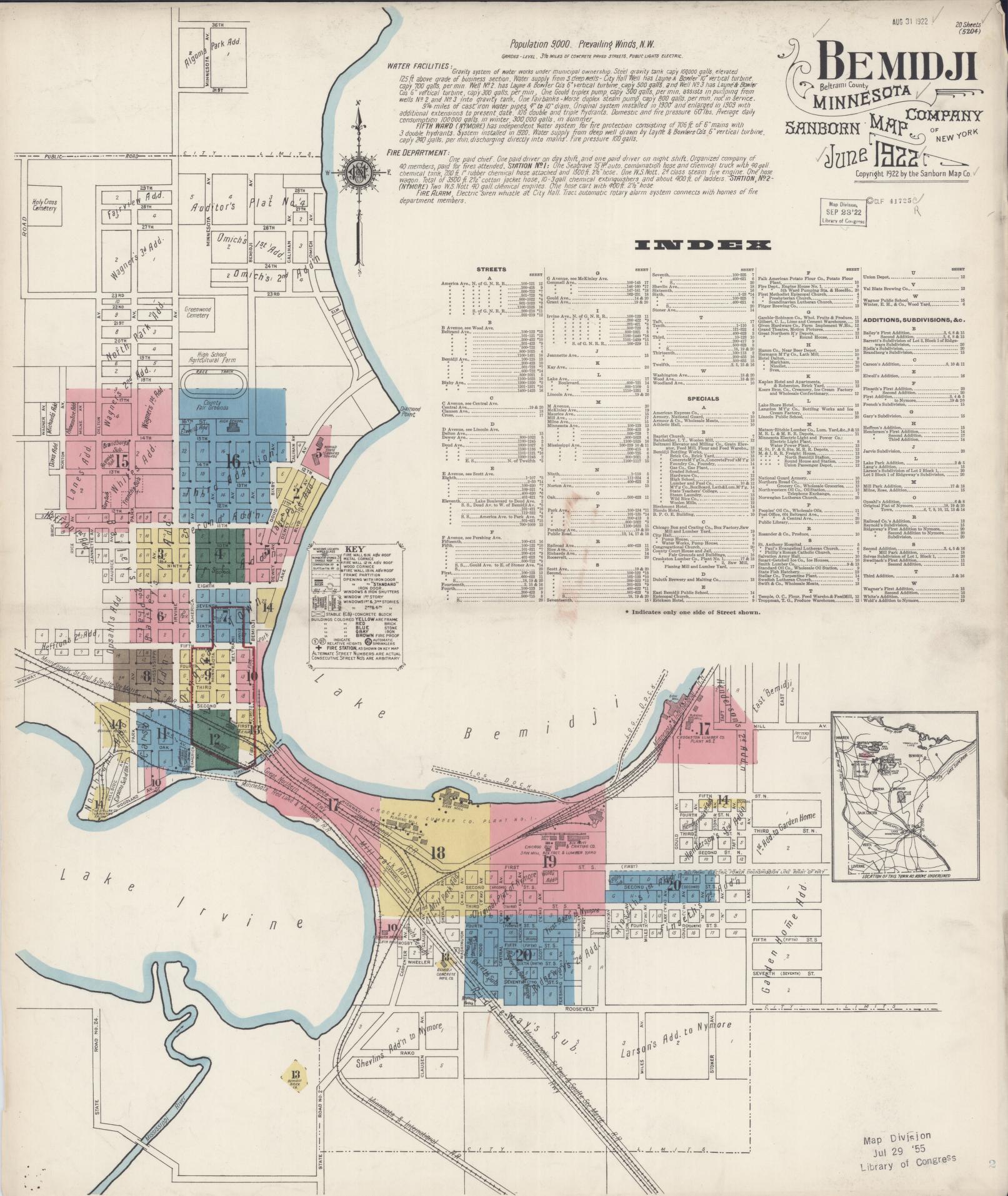 Sanborn Fire Insurance Map from Bemidji, Beltrami County, Minnesota (1922), Sheet #0001 - Complete Map Set gallery image, historic Sanborn map, vintage wall art, Minnesota Minnesota
