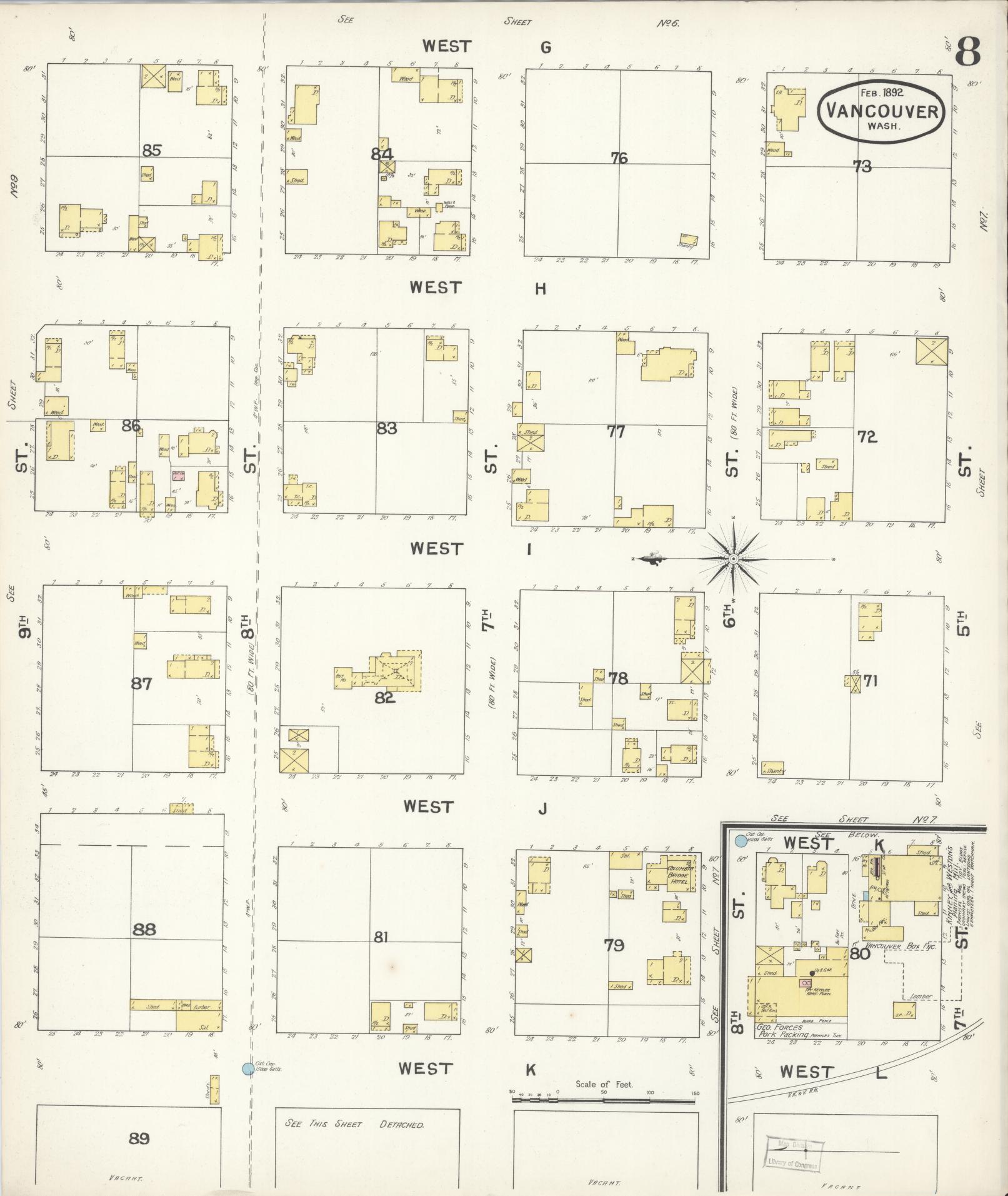 Sanborn Fire Insurance Map from Vancouver, Clark County, Washington (1892), Sheet #0008 - Historic Sanborn Fire Insurance Map Print, vintage old map wall art, antique decor, genealogy gift, Washington Washington map