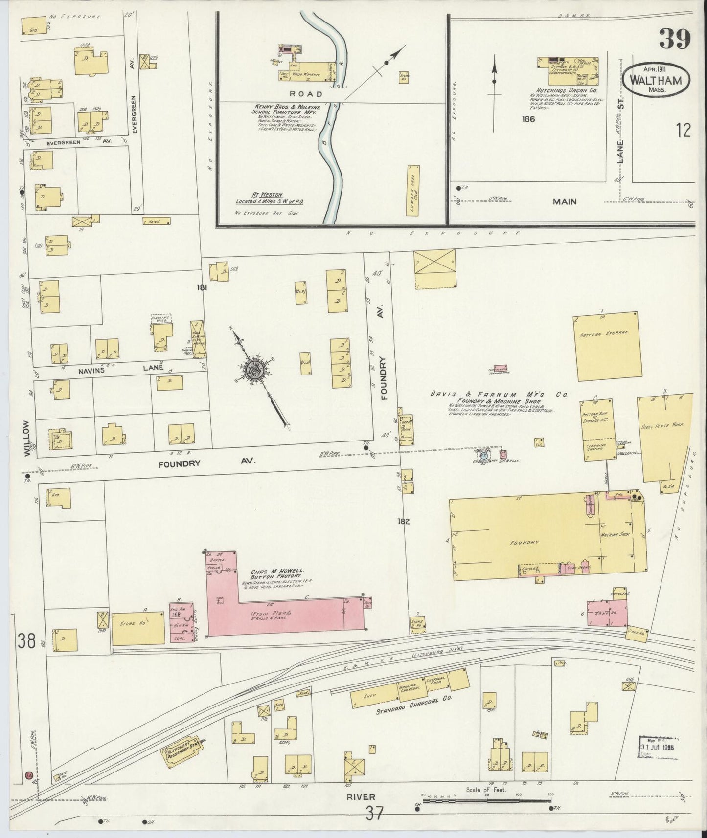 Sanborn Fire Insurance Map from Waltham, Middlesex County, Massachusetts (1911), Sheet #0039 - Complete Map Set gallery image, historic Sanborn map, vintage wall art, Massachusetts Massachusetts