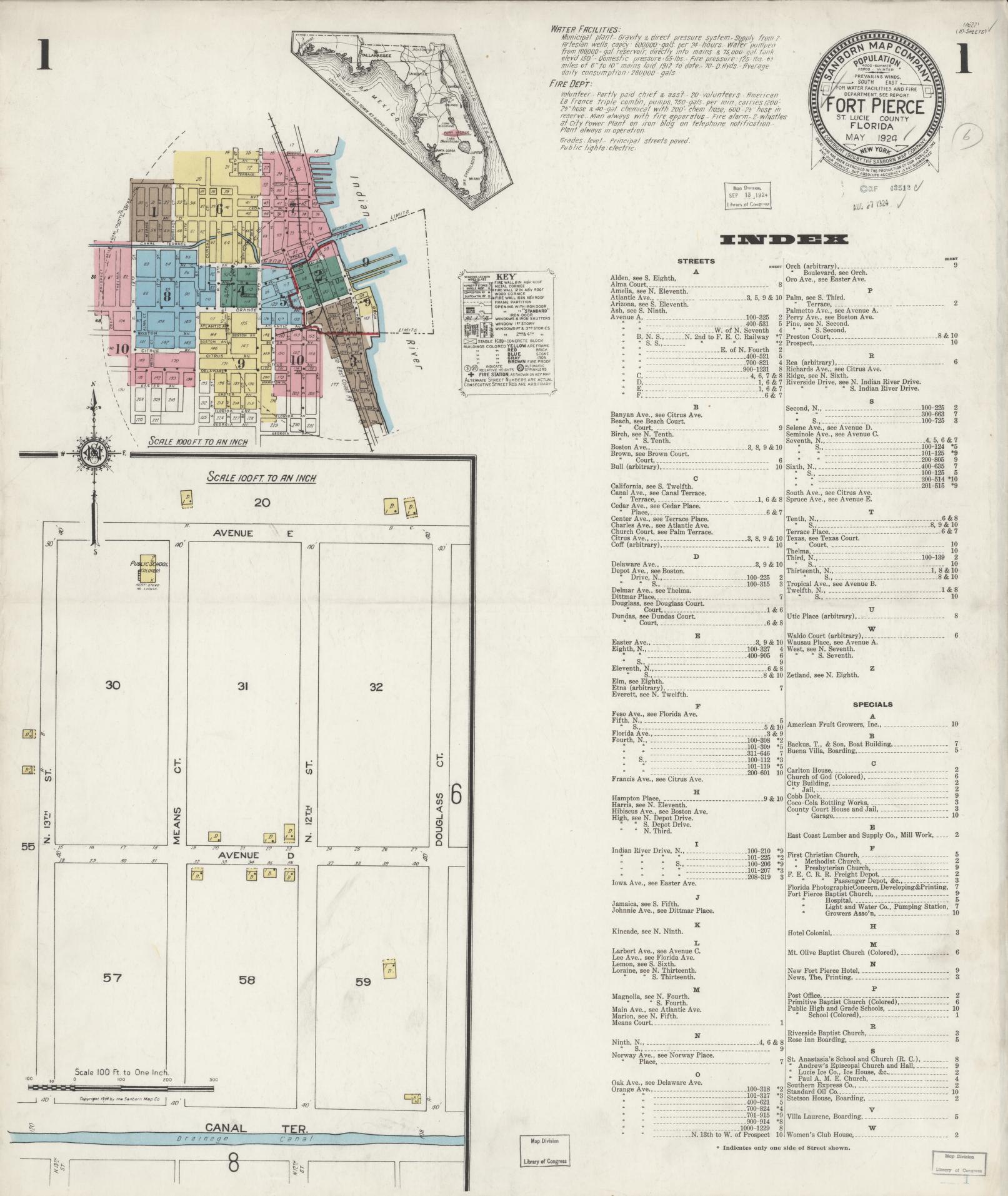 Sanborn Fire Insurance Map from Fort Pierce, St Lucie County, Florida (1924), Sheet #0001 - Complete Map Set gallery image, historic Sanborn map, vintage wall art, Florida Florida