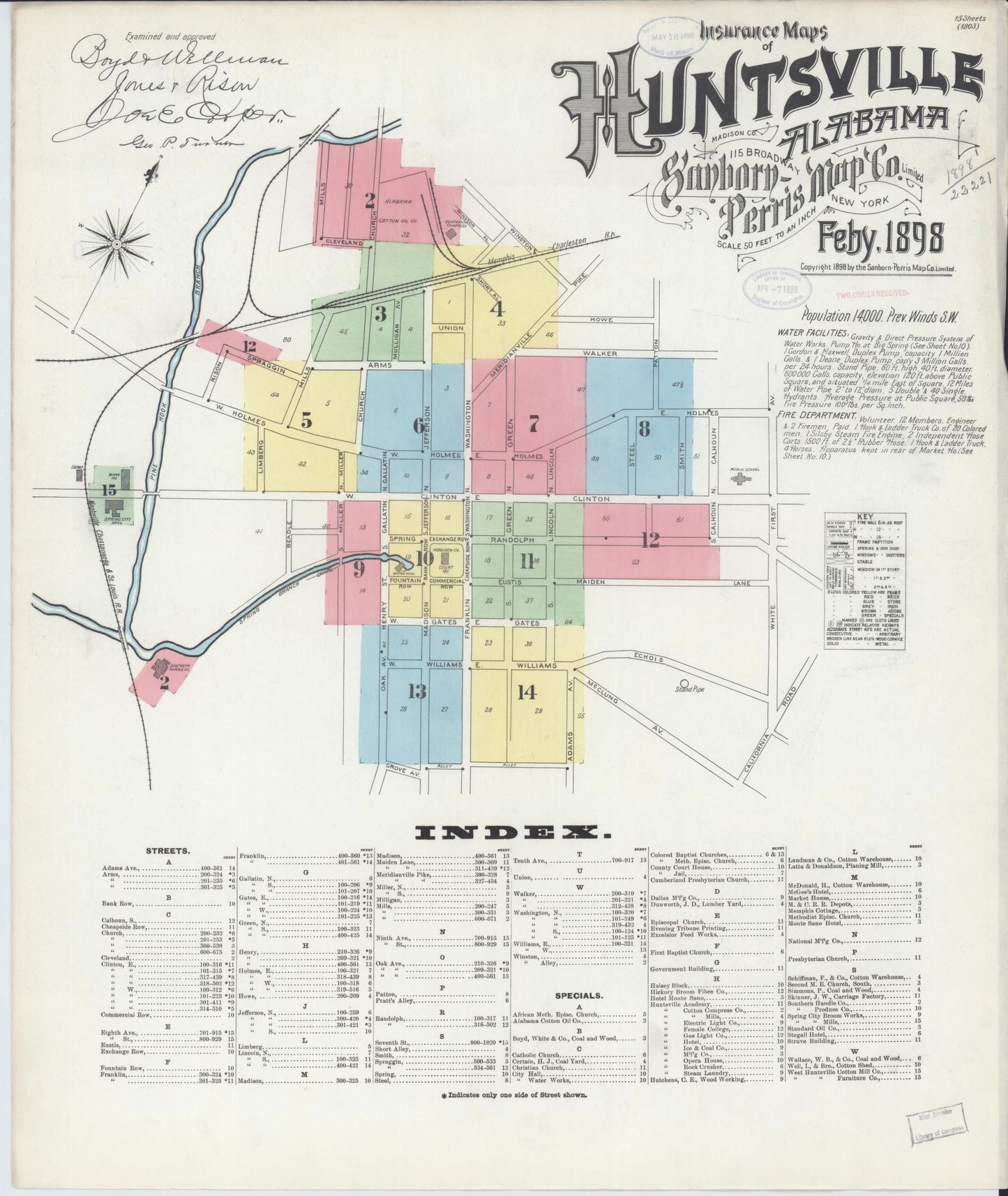 Sanborn Fire Insurance Map from Huntsville, Madison County, Alabama (1898), Sheet #0001 - Historic Sanborn Fire Insurance Map Print, vintage old map wall art, antique decor, genealogy gift, Alabama Alabama map