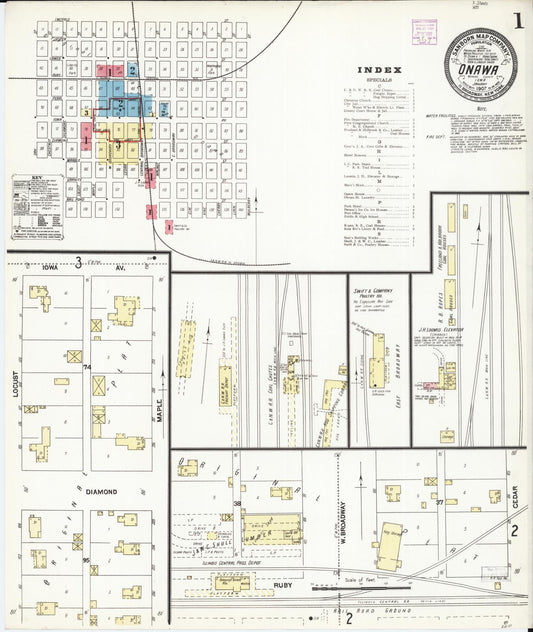 Sanborn Fire Insurance Map from Onawa, Monona County, Iowa (1907), Sheet #0001 - Historic Sanborn Fire Insurance Map Print, vintage old map wall art
