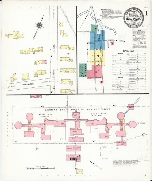 Sanborn Fire Insurance Map from Waterbury, Washington County, Vermont (1909), Sheet #0001 - Complete Map Set gallery image, historic Sanborn map, vintage wall art, Vermont Vermont