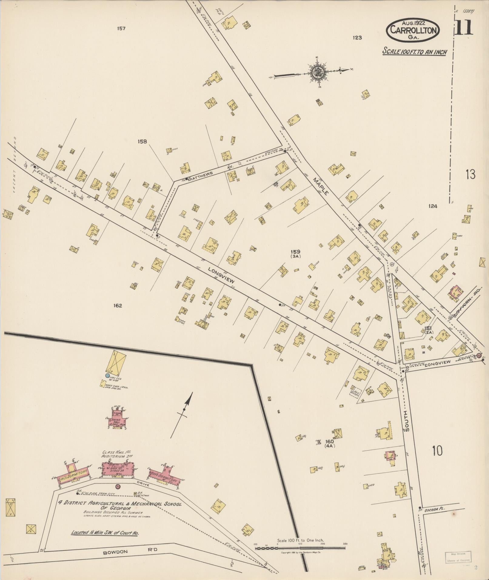 Sanborn Fire Insurance Map from Carrollton, Carroll County, Georgia (1922), Sheet #0011 - Historic Sanborn Fire Insurance Map Print, vintage old map wall art, antique decor, genealogy gift, Georgia Georgia map