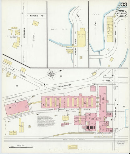 Sanborn Fire Insurance Map from Melrose, Middlesex County, Massachusetts (1909), Sheet #0033 - Historic Sanborn Fire Insurance Map Print, vintage old map wall art, antique decor, genealogy gift, Massachusetts Massachusetts map